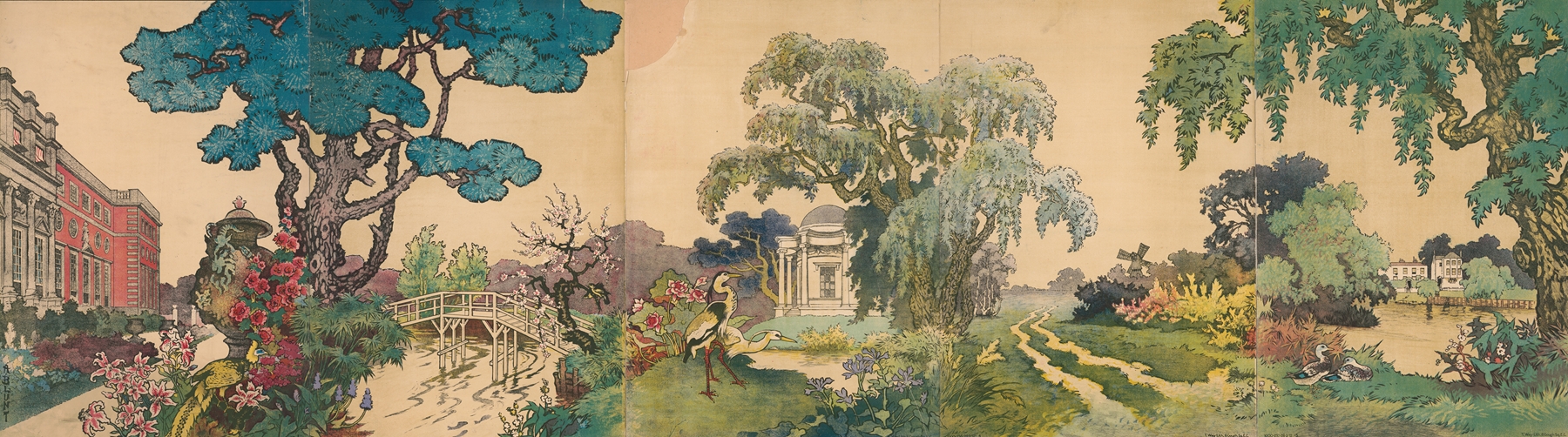 Estate, gardens, birds, and pond by A. Blunt, Impressionism
