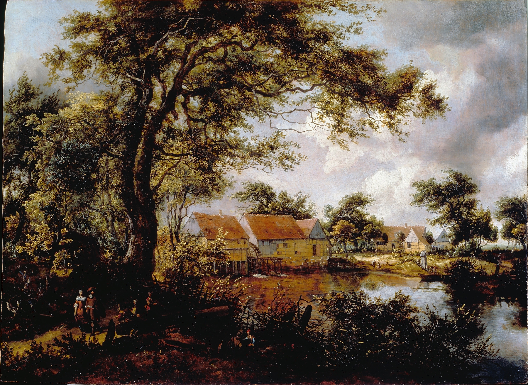 Wooded landscape with a Water-mill, by Meindert Hobbema, public domain