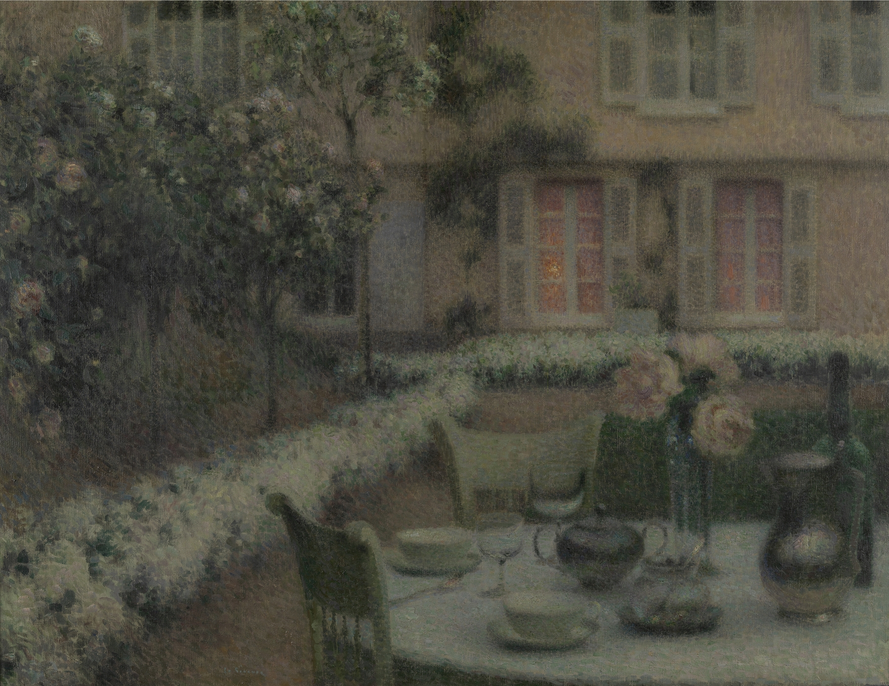 Rustic table set for two with climbing roses by Henri Le Sidaner, oil painting