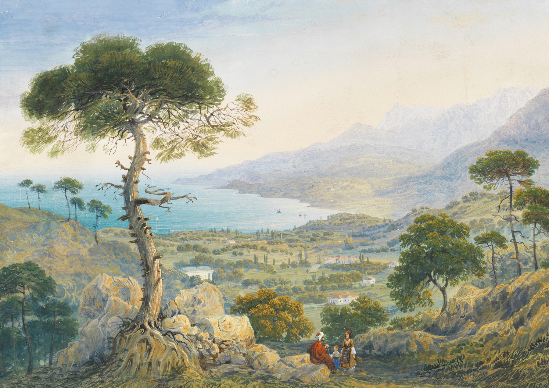 Krimlandschaft mit Meeresbucht by Carlo Bossoli, oil on canvas, depicting cliffs and a tranquil sea.