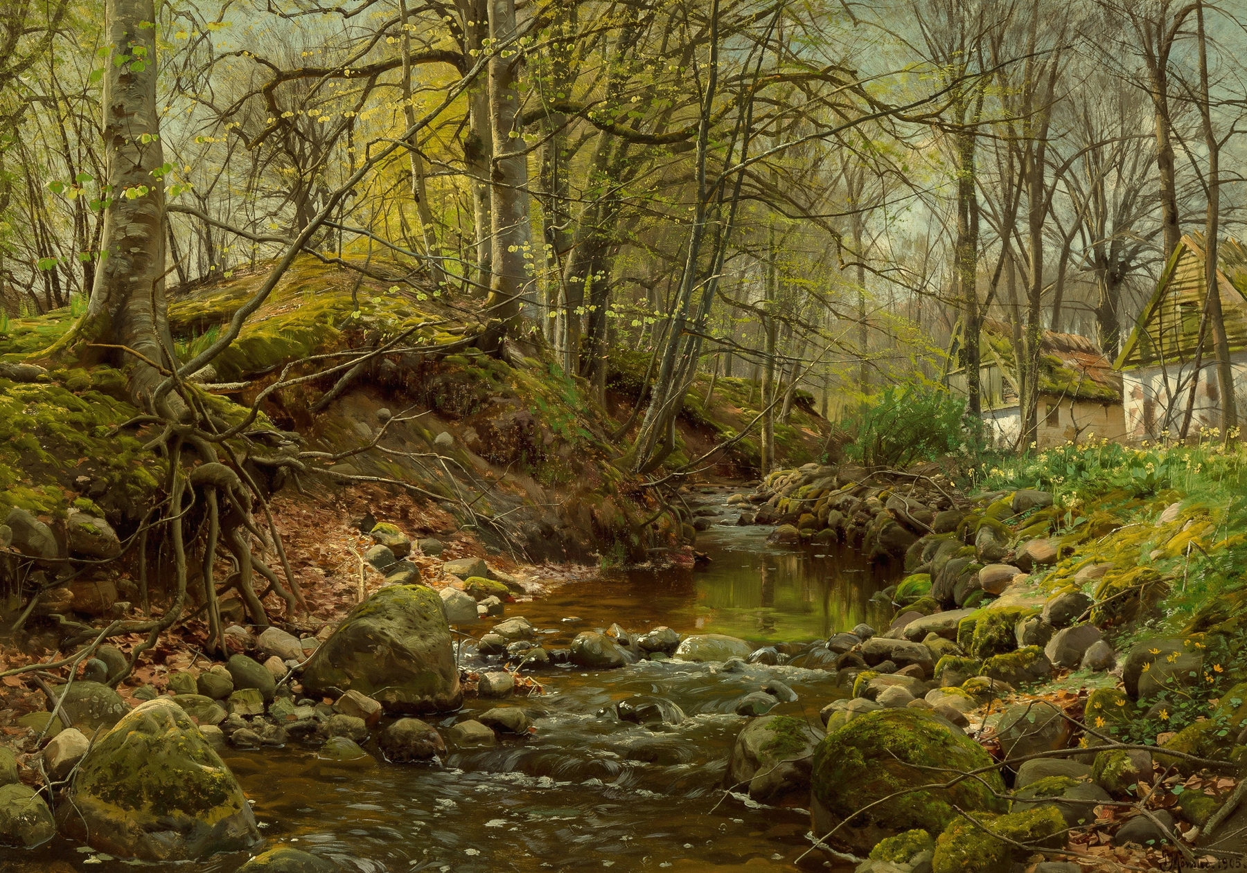 Forest stream oil painting by Peder Mørk Mønsted, sunlight filtering through trees.