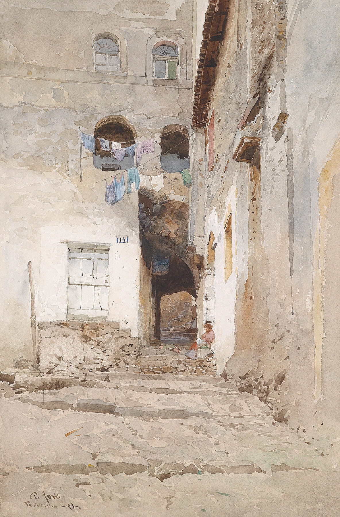 Häuser in Terracina by Pio Joris, oil on canvas, depicting sunlit buildings and a narrow street.