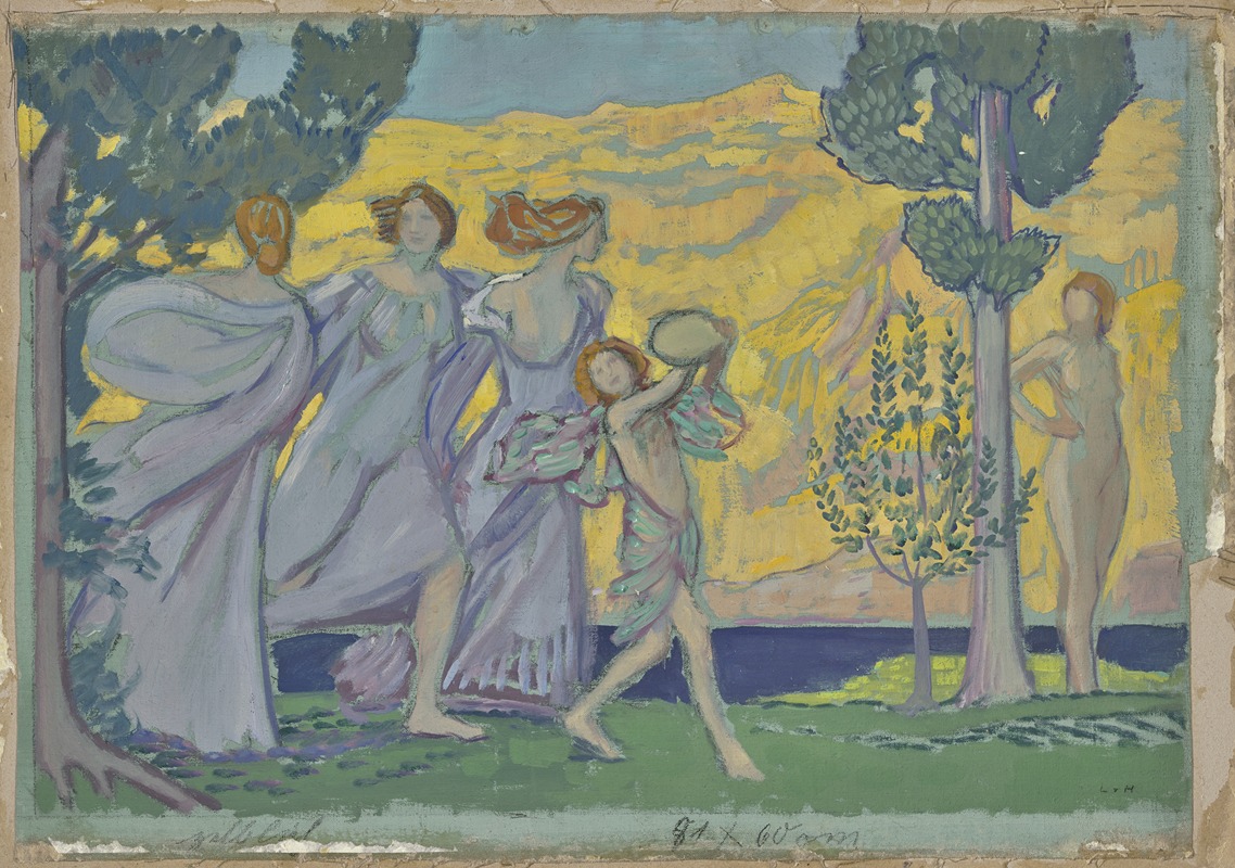 A vibrant painting depicting three dancing girls and a tambourine player.