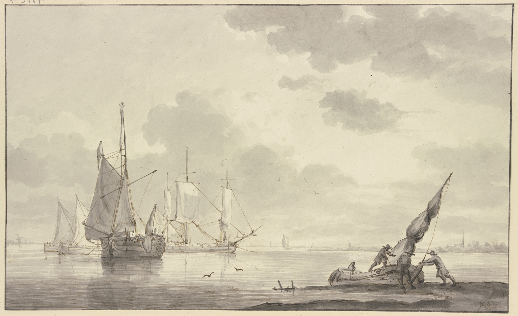 Marine scene by Hendrik Kobell, oil painting depicting calm sea with ships and men preparing a boat.