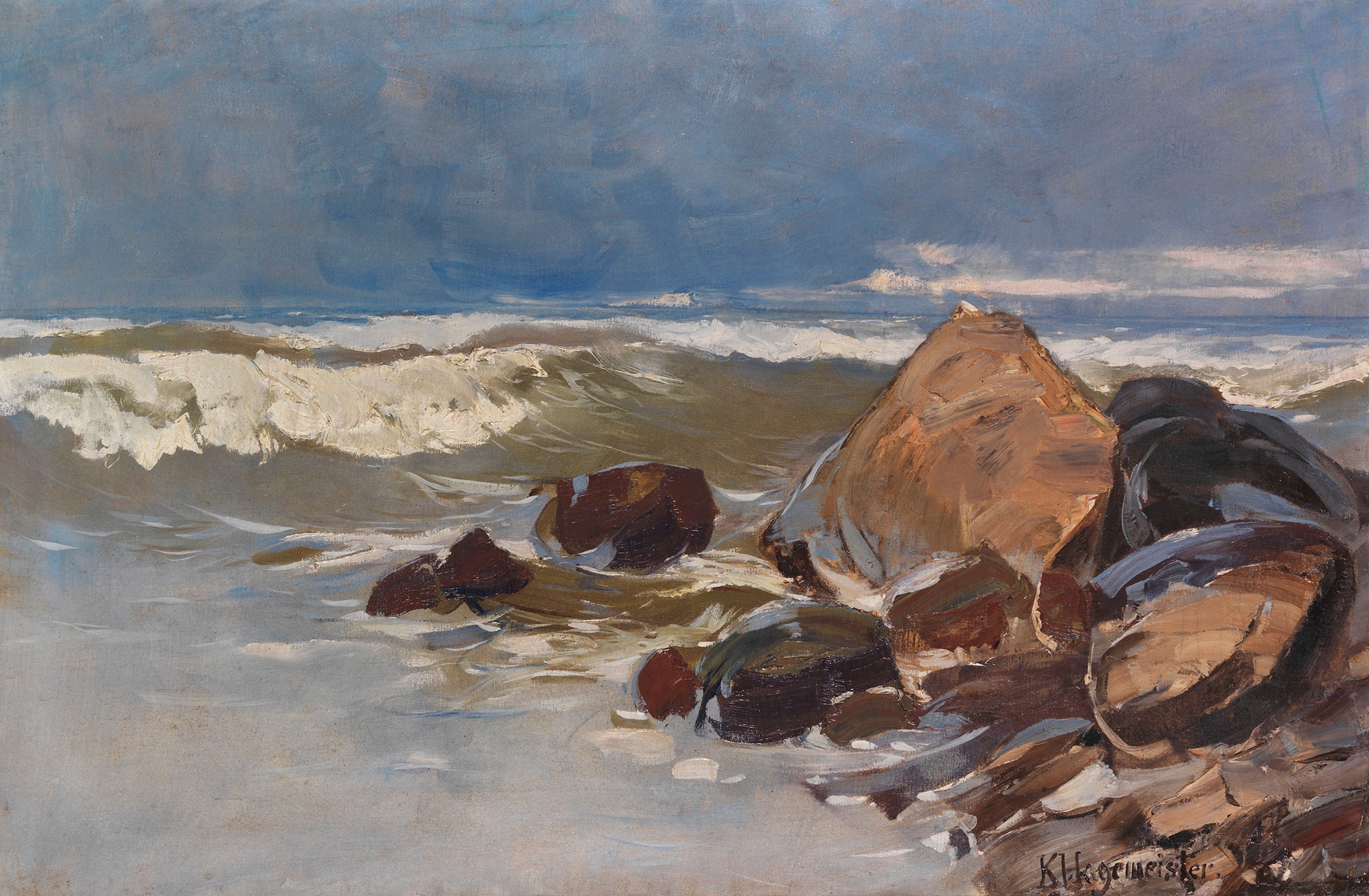 Landscape oil painting by Karl Hagemeister depicting rocky shore and sea with vibrant moss