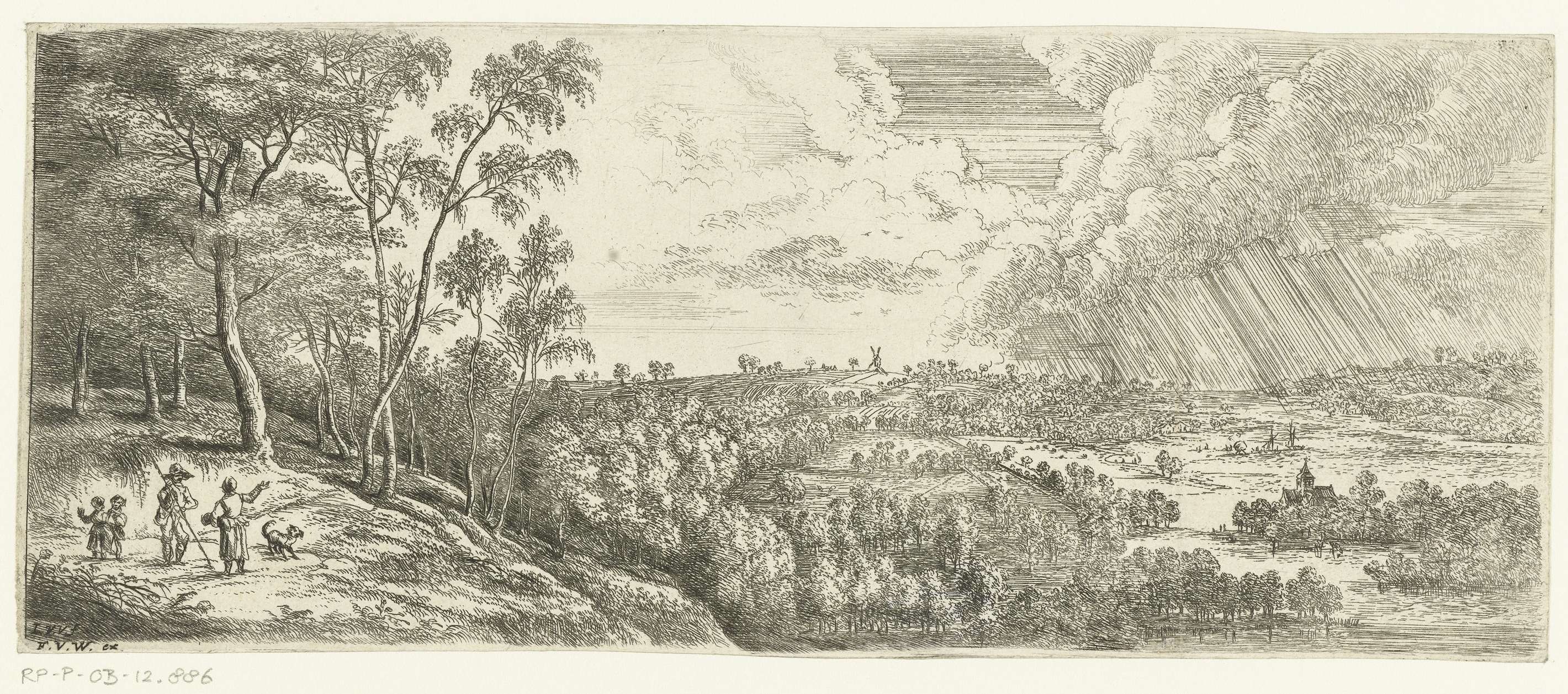 Landschap met een regenbui by Lucas van Uden, etching depicting a stormy landscape with dark clouds