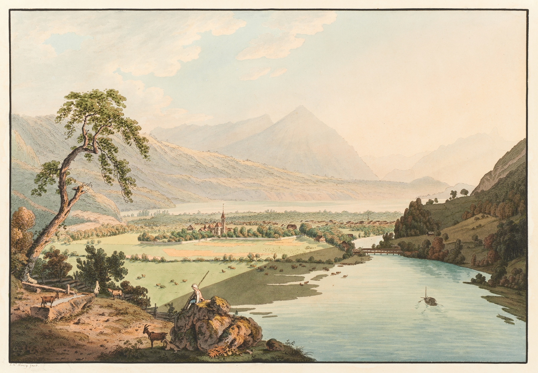 Vue d’Interlaken by Franz Niklaus König, landscape with lake and Alps, medium unknown.