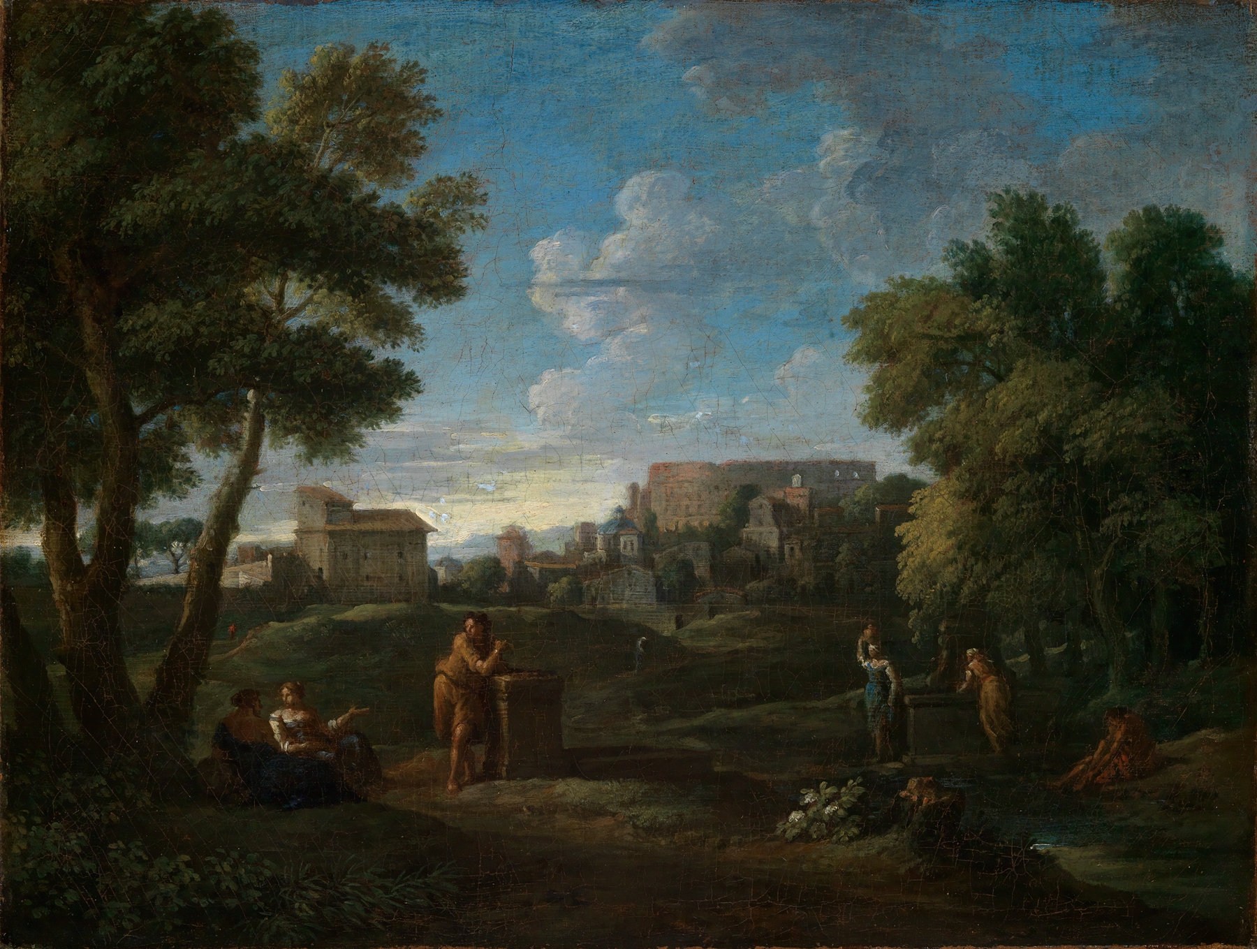 Klassische Landschaft bei Rom mit Blick vom Palatin auf das Kolosseum, by Jan Frans Van Bloemen, public domain