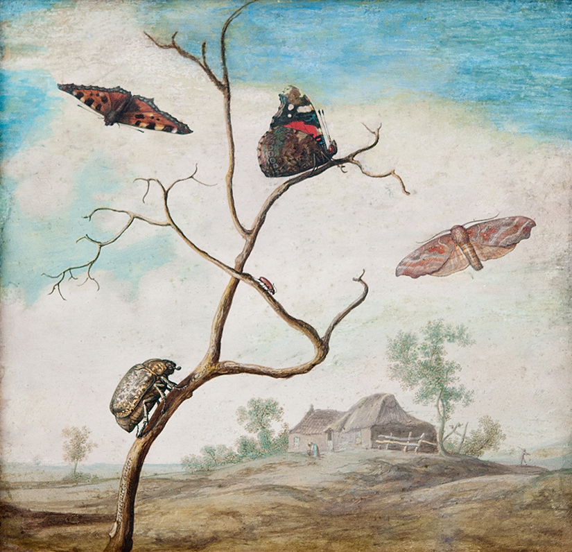 Still life with fruit and landscape by Margareta de Heer, medium unknown