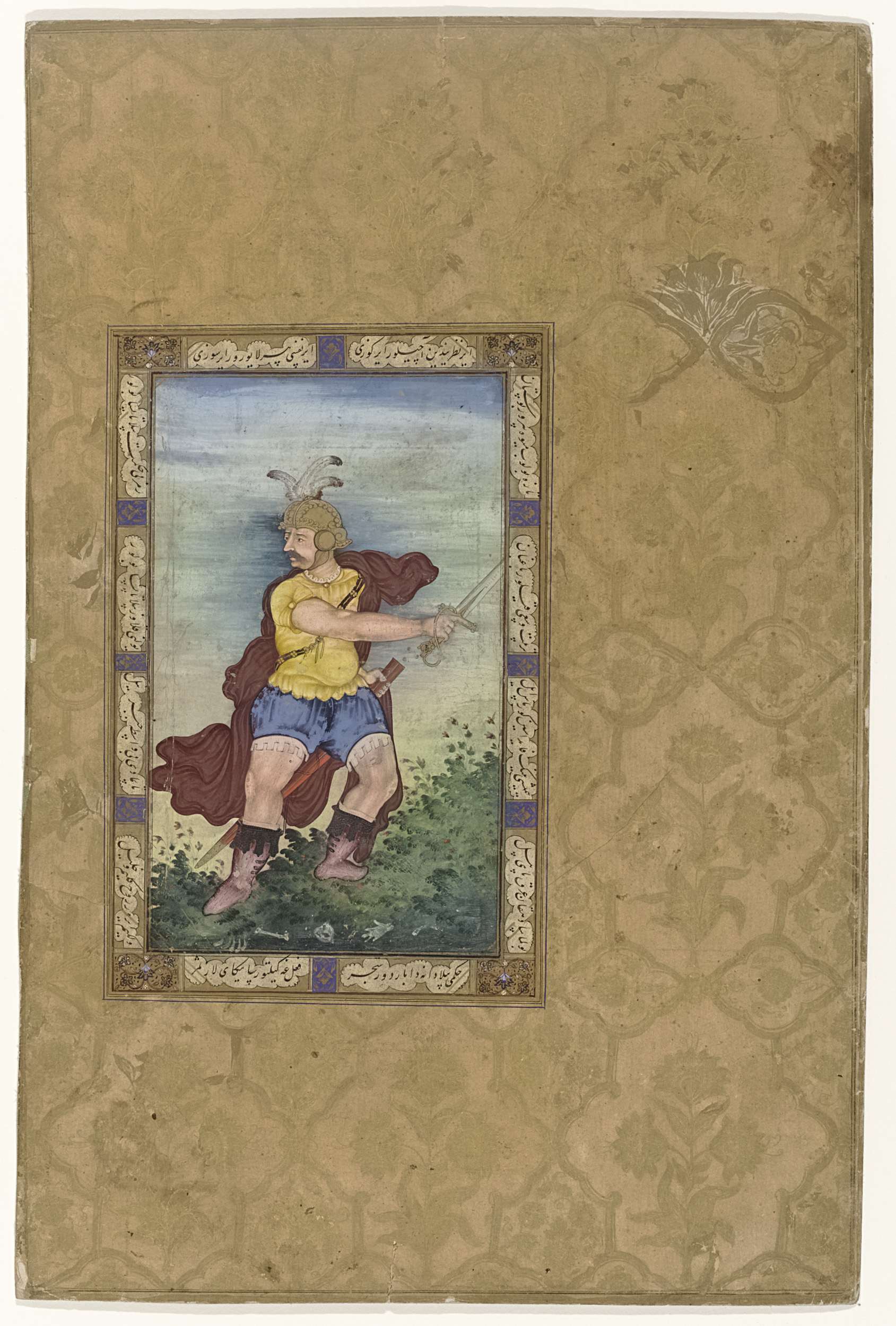 Portrait of a hero in armor, Mughal style, by Keshavdas, paper medium