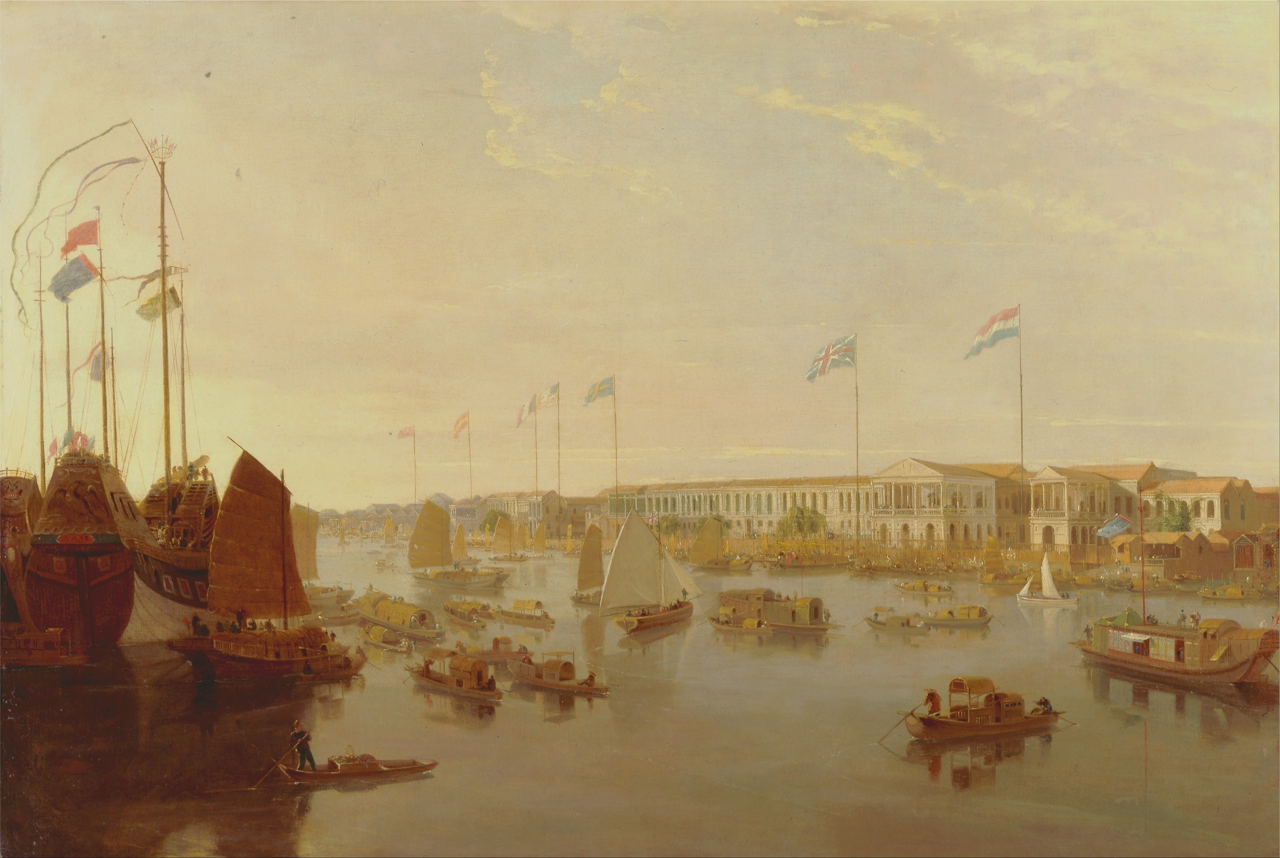Engraving by William Daniell depicting factories and hills