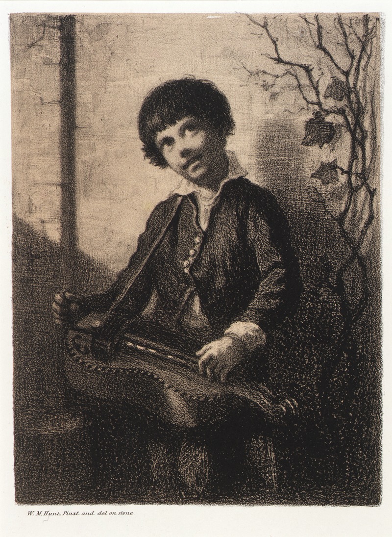 A young boy playing a hurdy-gurdy in a rural setting.