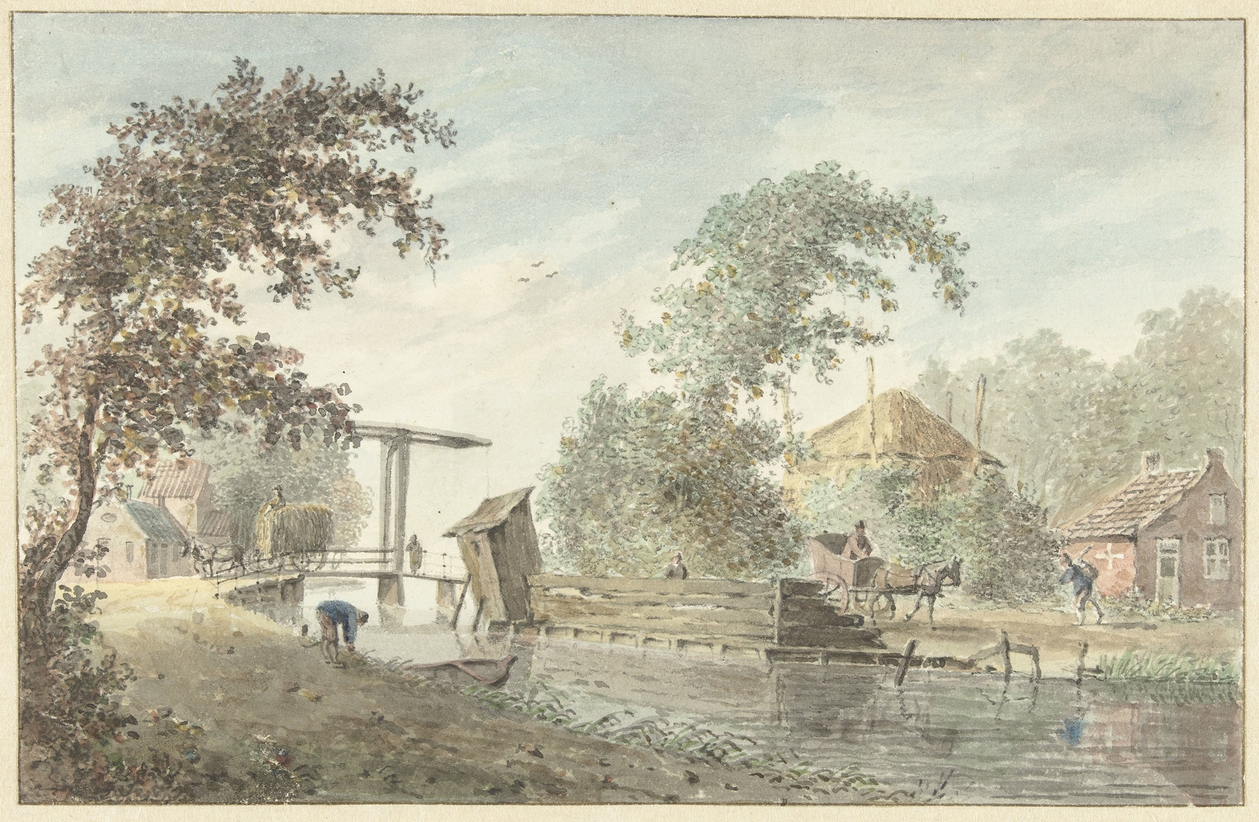 Oil painting by Hermanus Petrus Schouten featuring a waterway and a drawbridge.