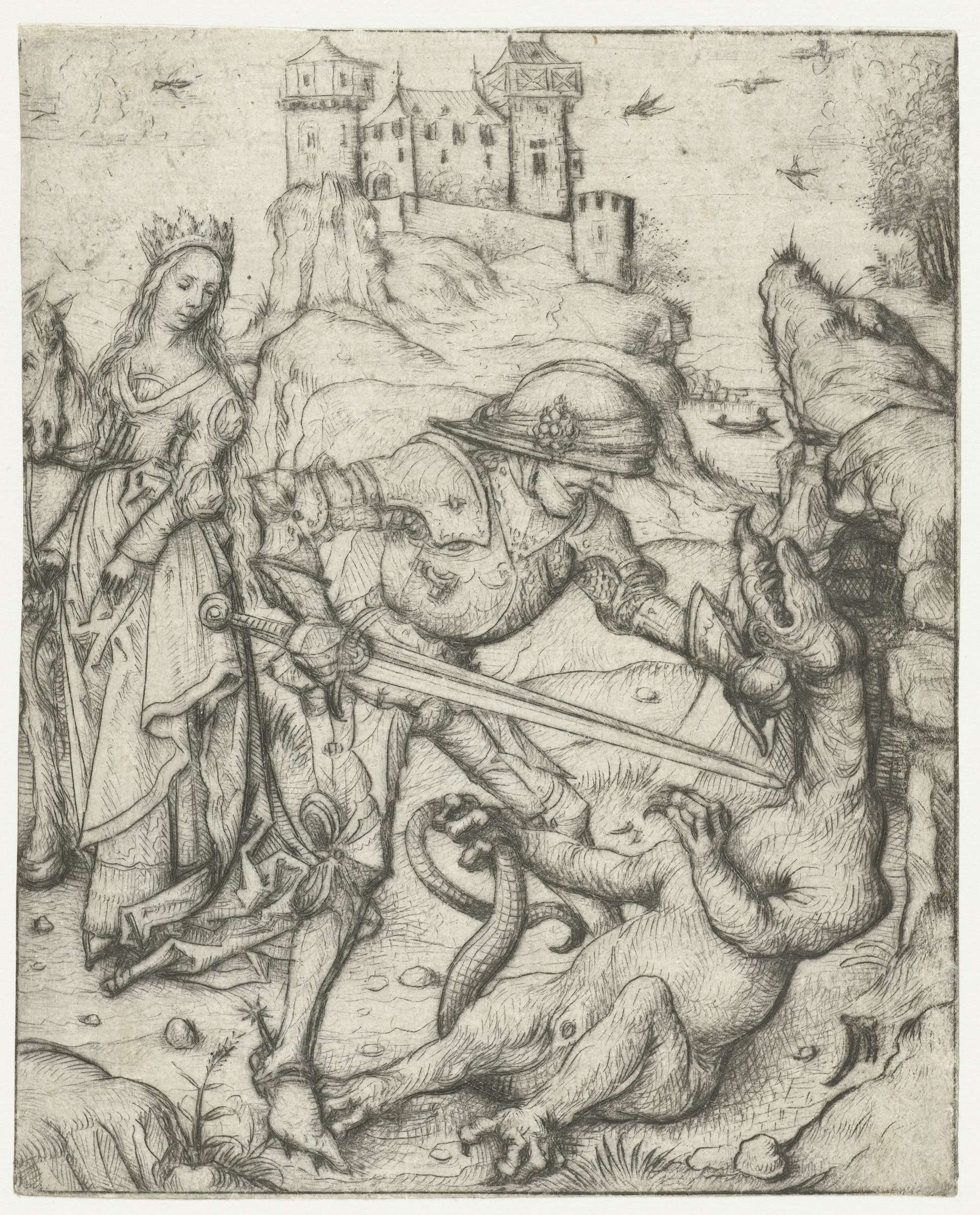 Portrait of a noble figure in richly hued garments, drypoint by Meester van het Amsterdamse Kabinet