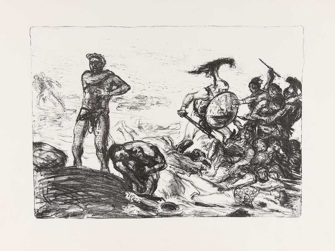 Max Slevogt's painting 'Achill wütet im Skamander' depicts a dramatic scene from Greek mythology.