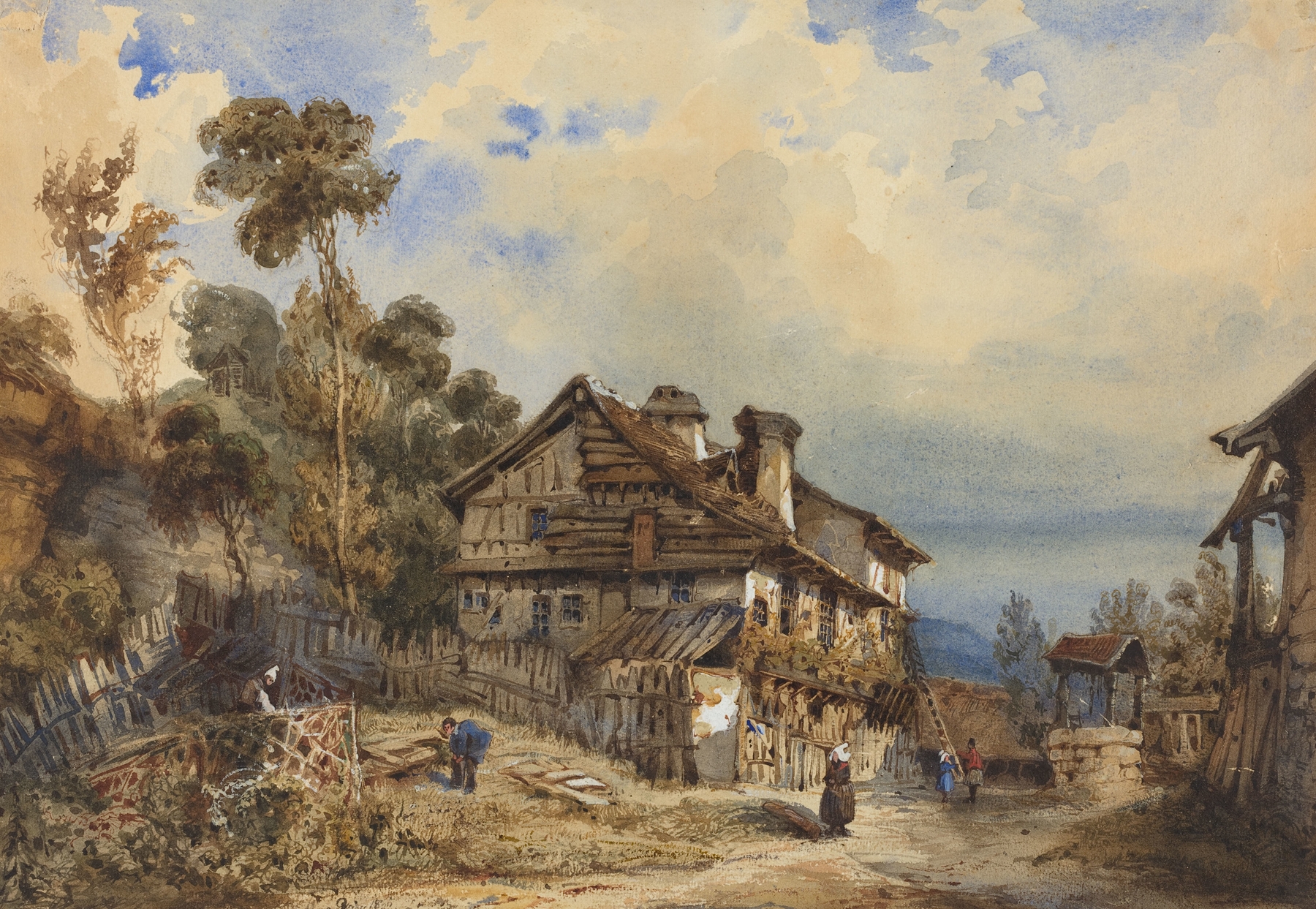 Rustic Landscape by French School, oil on canvas showing a tranquil countryside with a sunlit meadow.