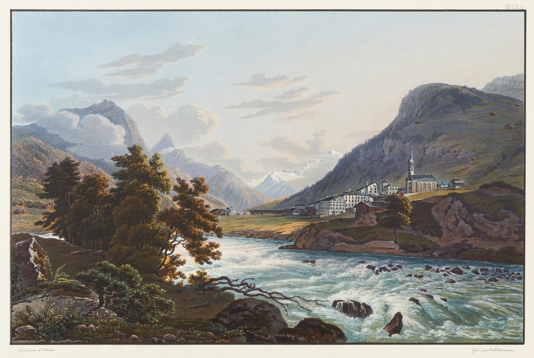 Landscape depicting a village near a glacier by Johann Ludwig Bleuler, medium unknown.