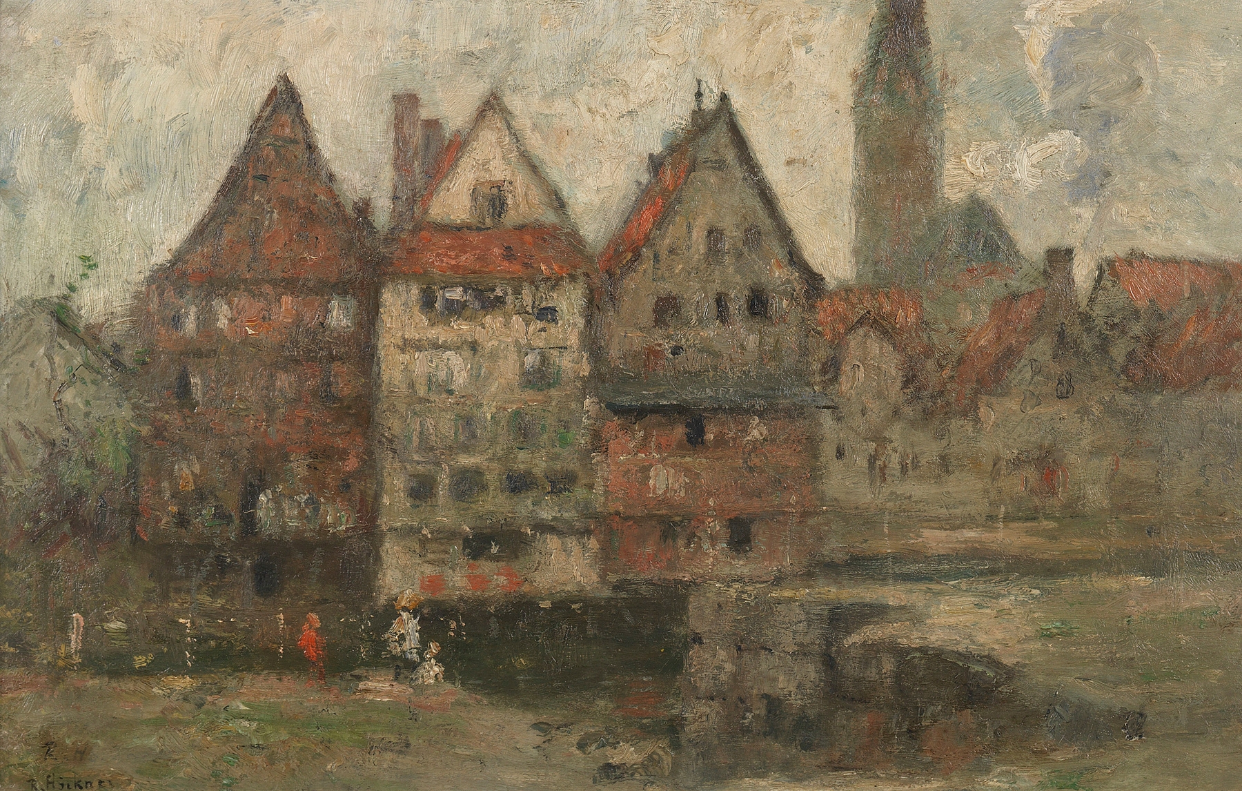 Landscape of Am Stintmarkt in Lüneburg, oil on canvas by Rudolf Höckner