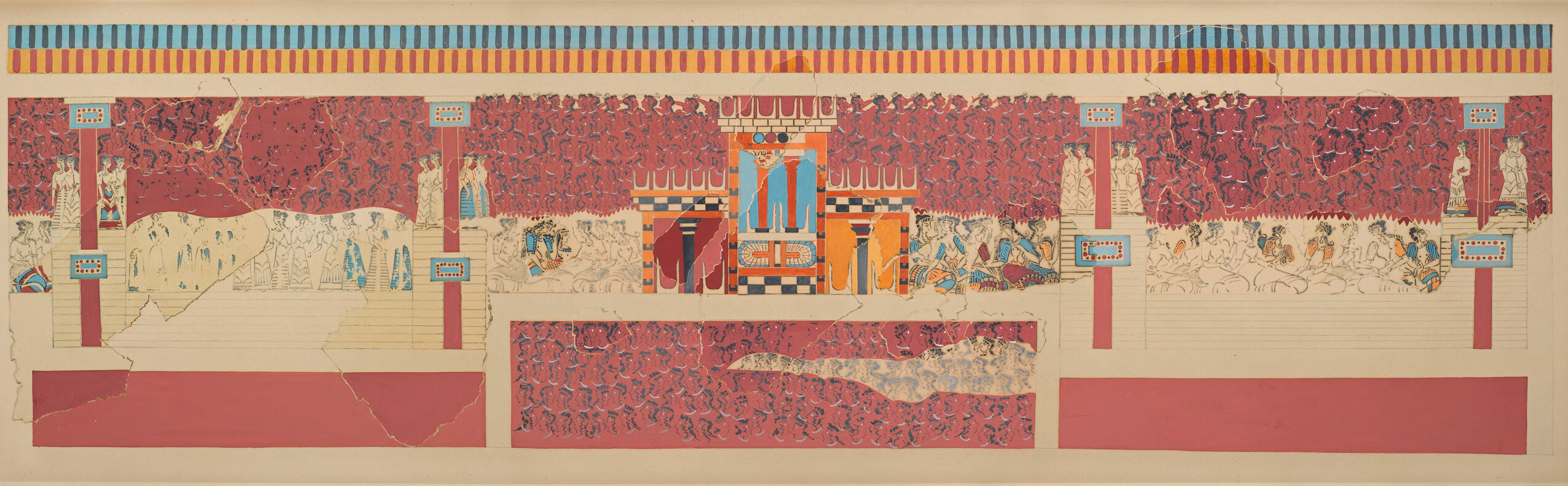 Grandstand Fresco by Emile Gilliéron, watercolor on paper, depicting vibrant figures in dynamic poses.