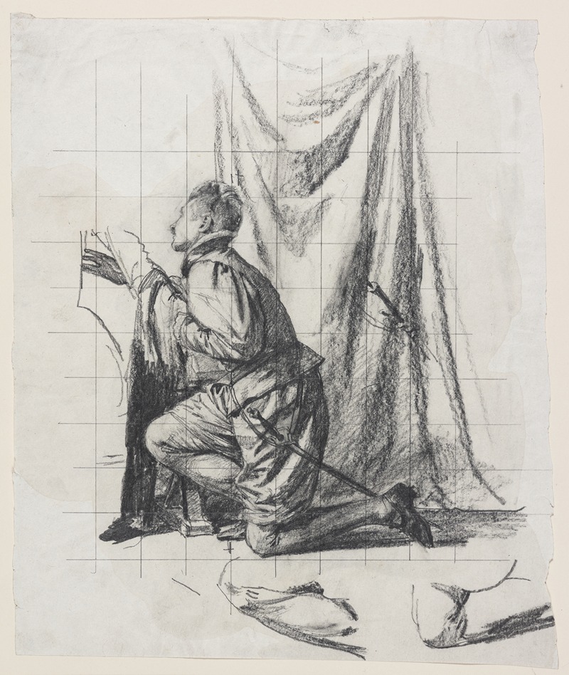 A painting depicting a young man in a contemplative moment with Death.