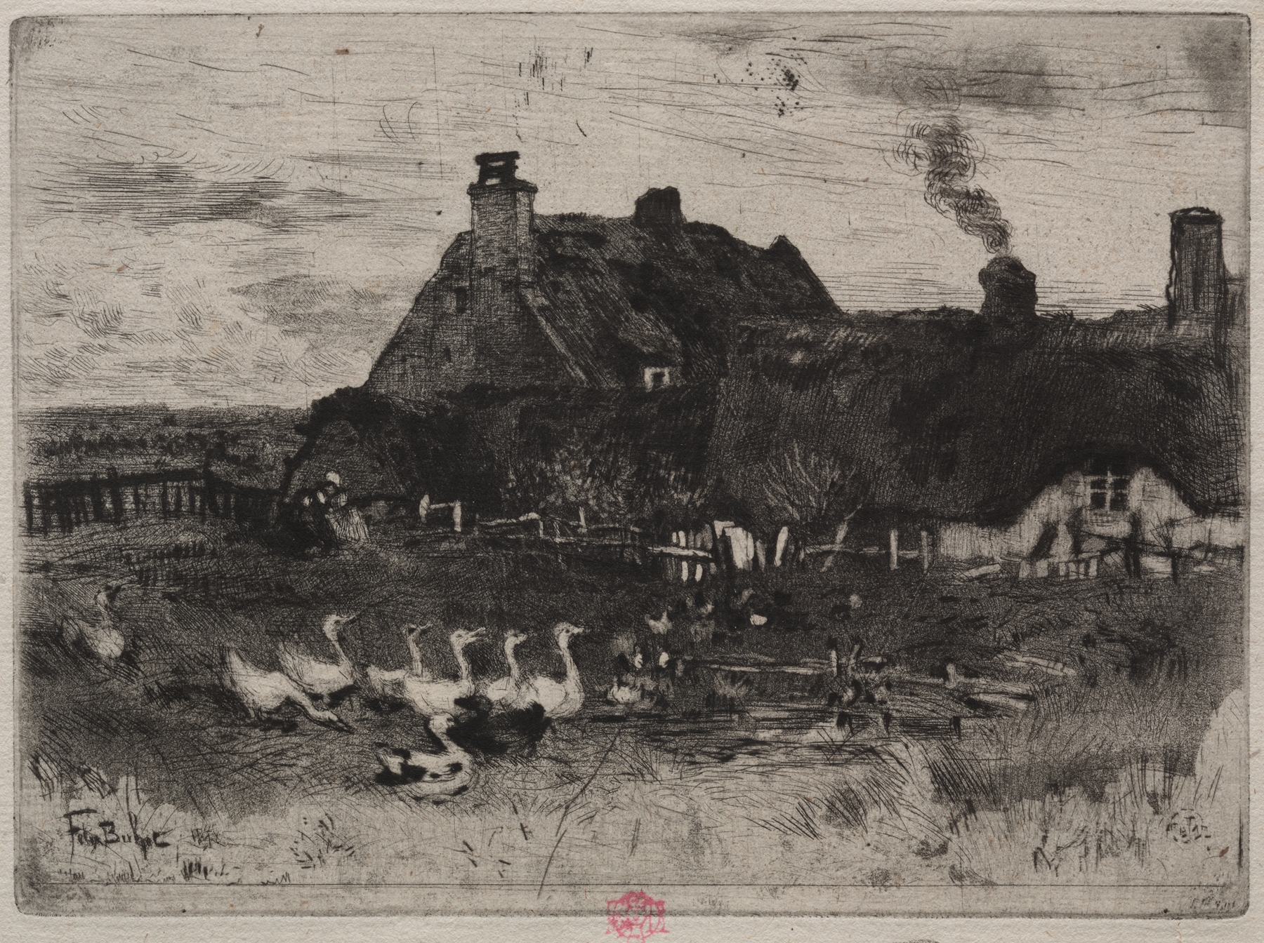 Etching by Félix Hilaire Buhot depicting quaint cottages in a rural landscape.
