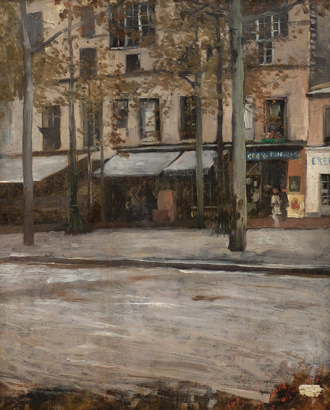 Landscape of a street in Paris by Hugo Birger, oil painting featuring cobblestones and warm sunset light.