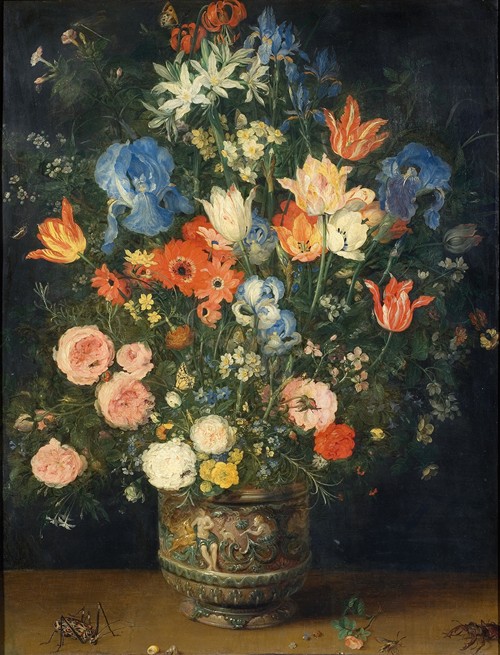 A detailed still life painting featuring flowers and insects.
