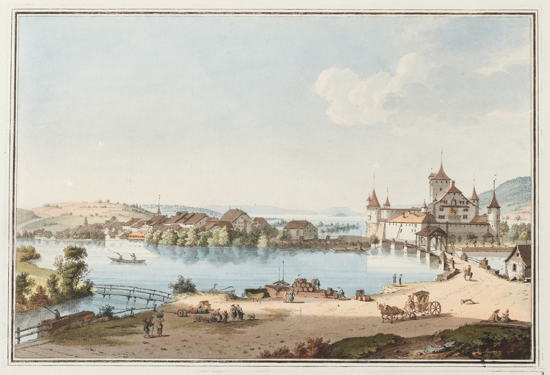Engraving by Johann Ludwig Aberli depicting Lake Bienne and surrounding hills