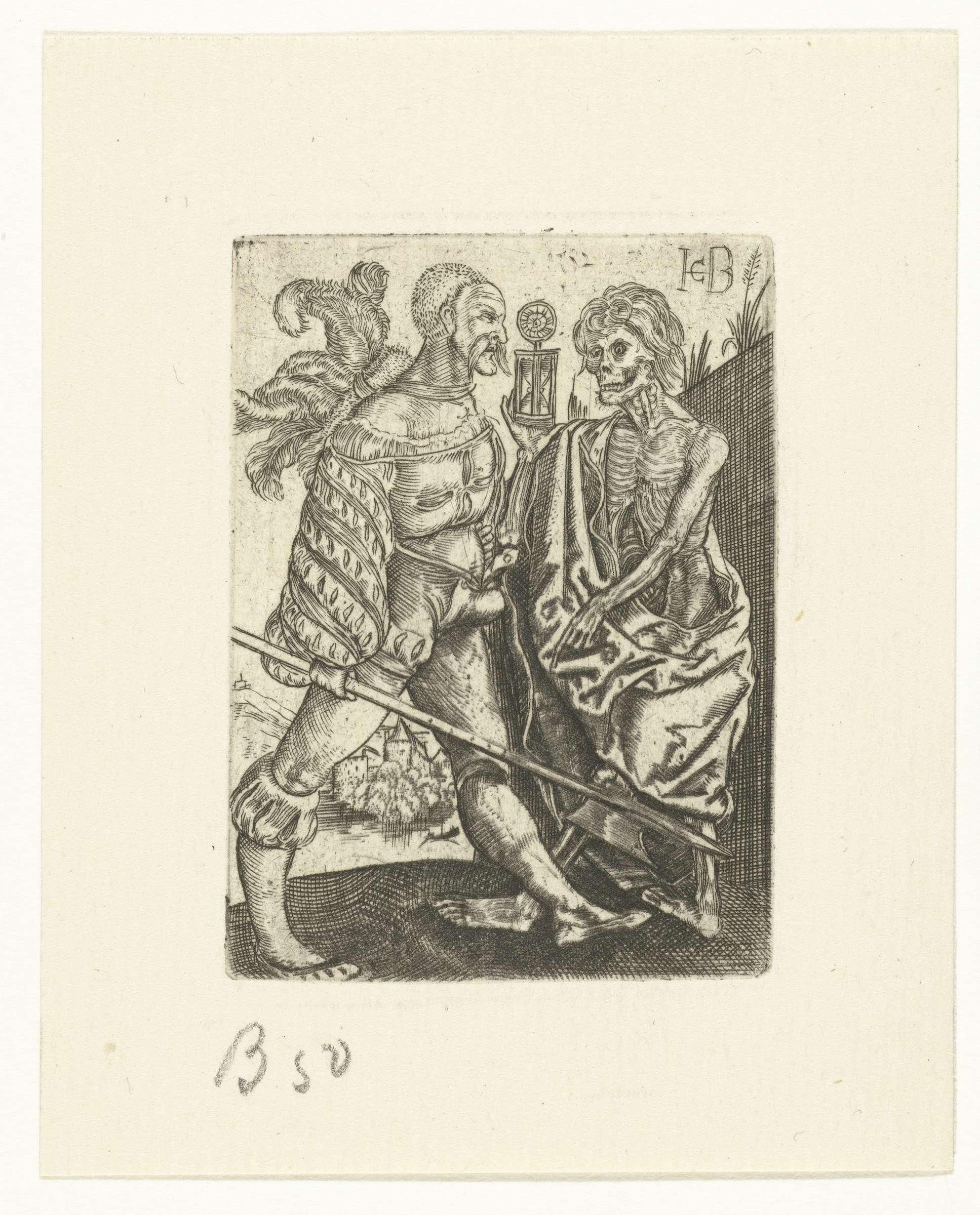 Engraving by Jacob Binck depicting a halberdier with death and an hourglass