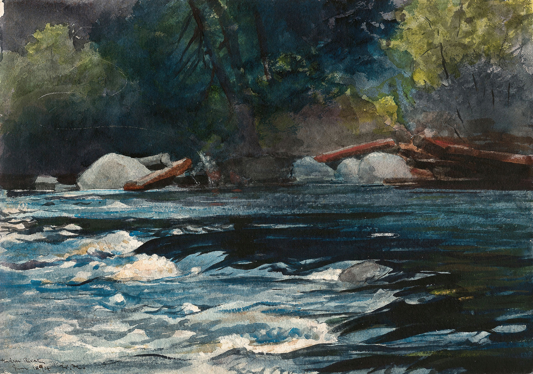The Rapids, Hudson River, Adirondacks, by Winslow Homer, public domain