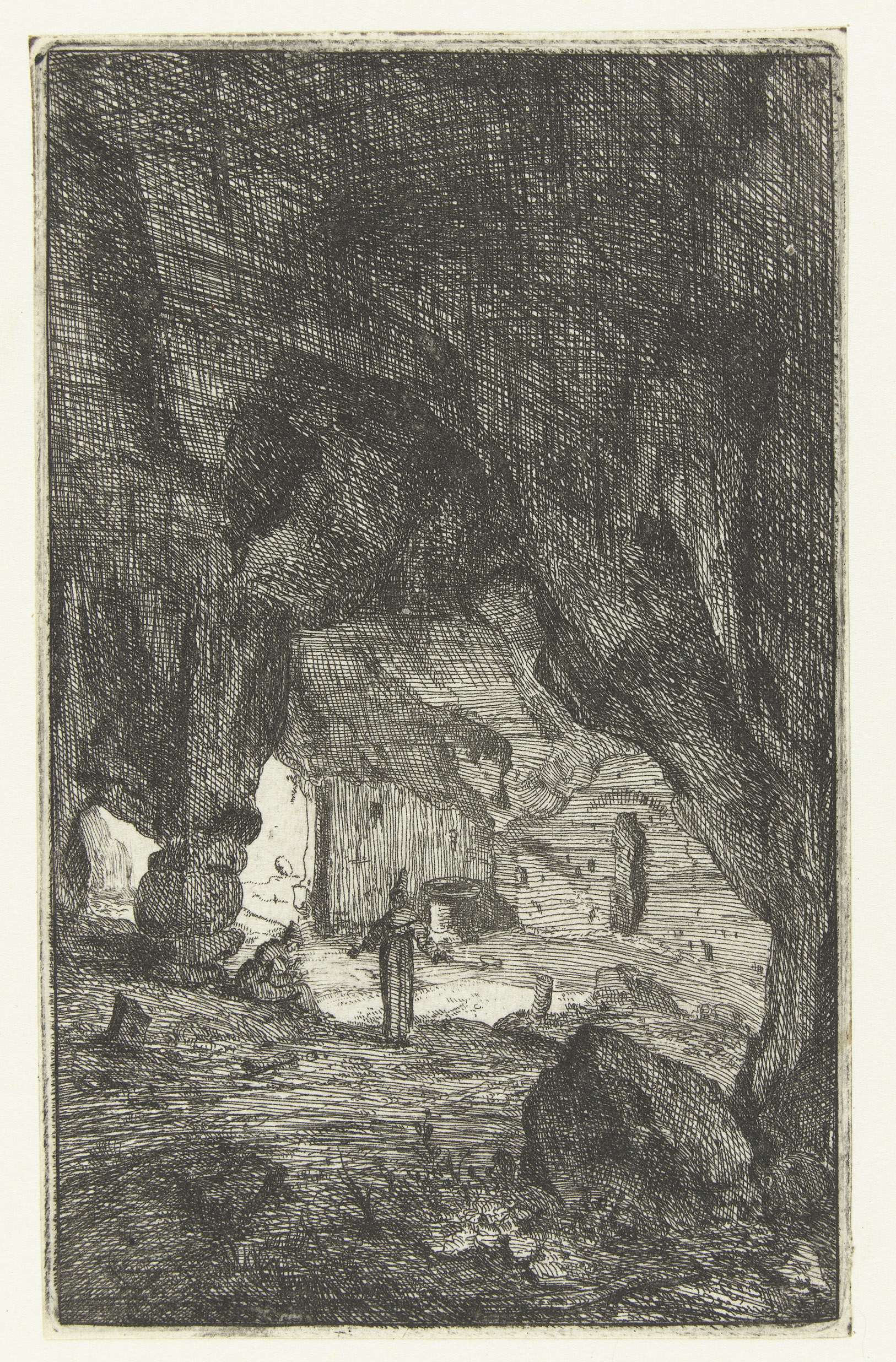 Etching by Bartholomeus Breenbergh depicting a grotto with light and shadows.