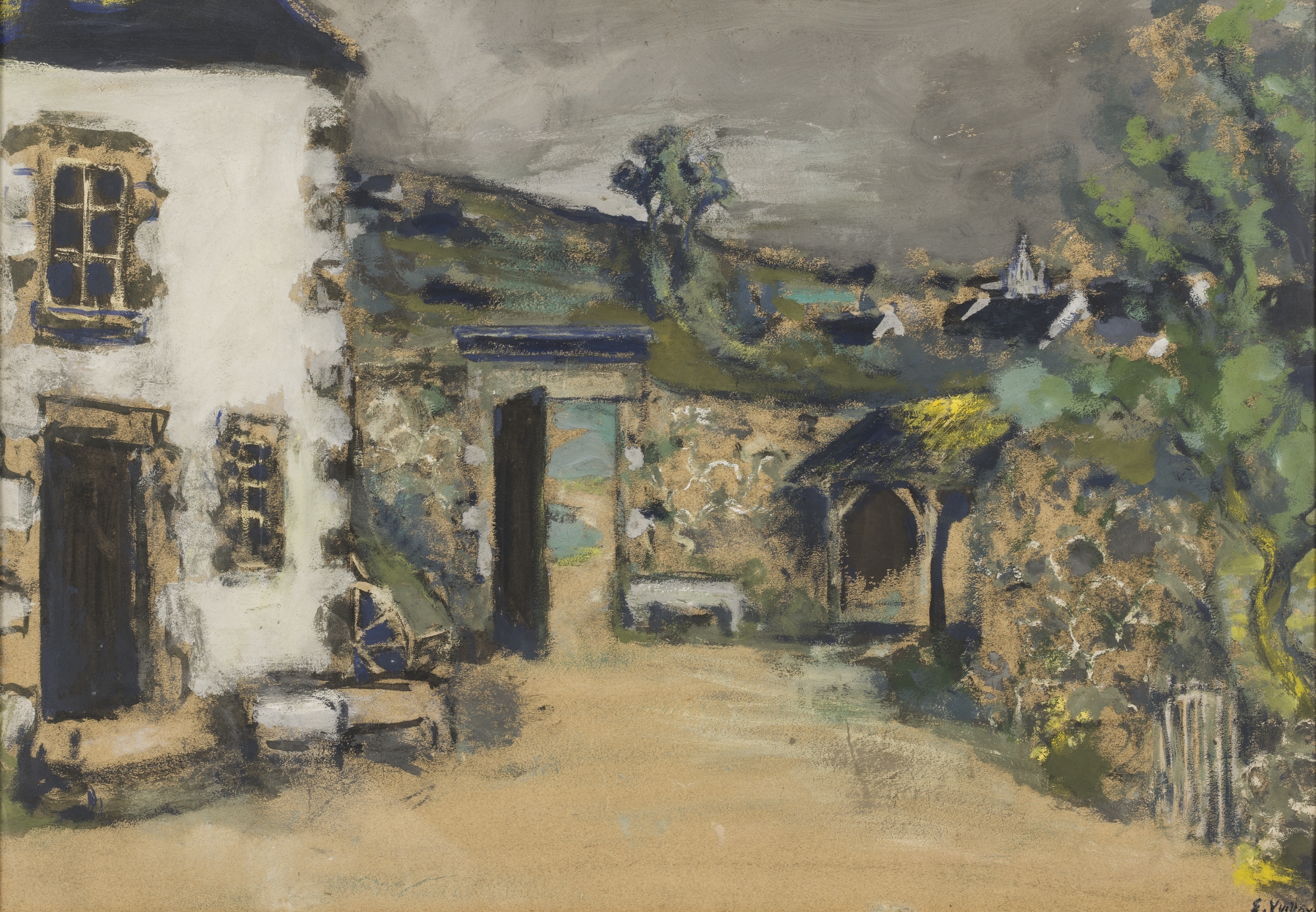 Interior scene of a farmhouse with soft ochre and green hues, oil painting by Édouard Vuillard
