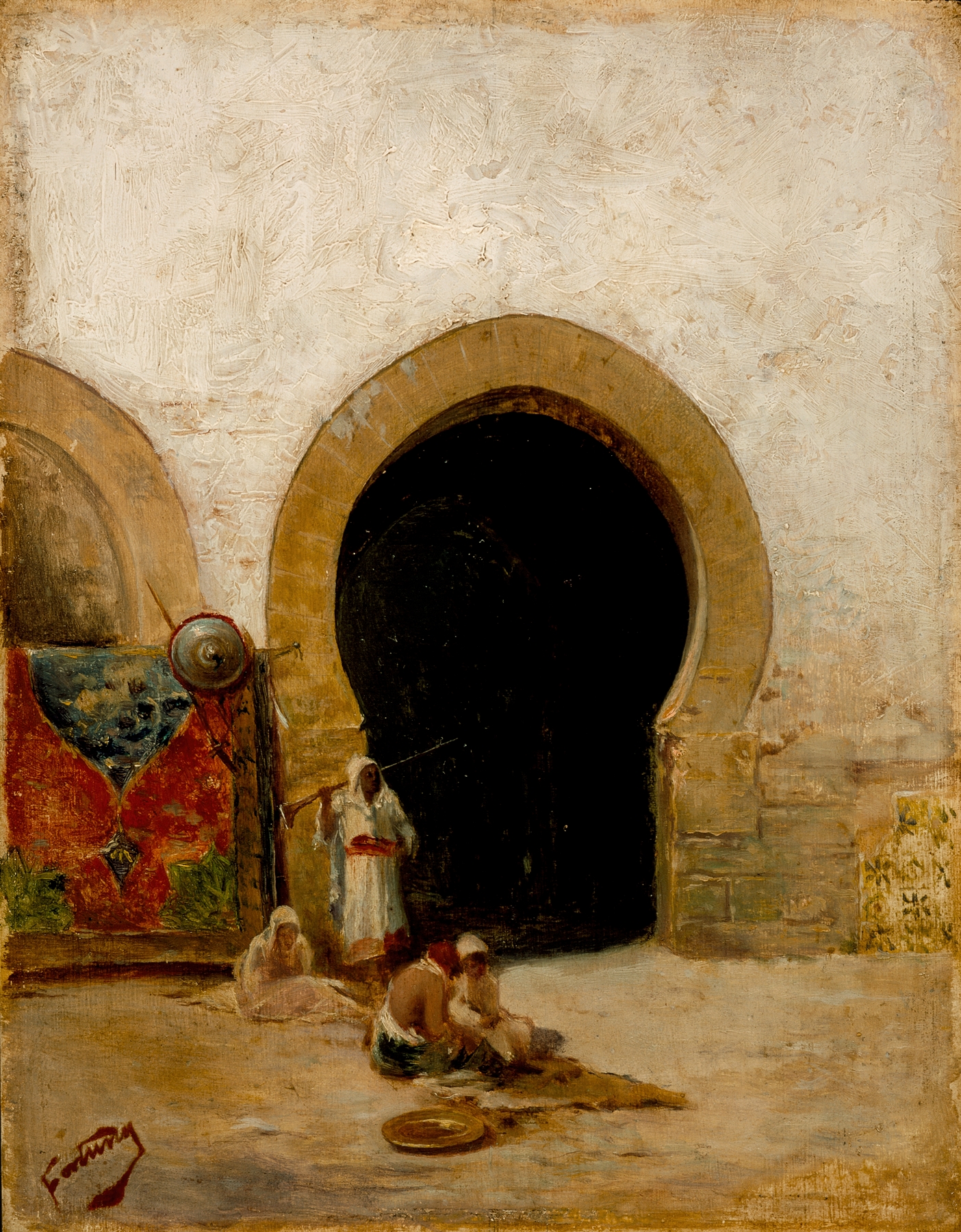 Genre scene with vibrant fabrics and intricate patterns, oil painting by Mariano Fortuny Marsal