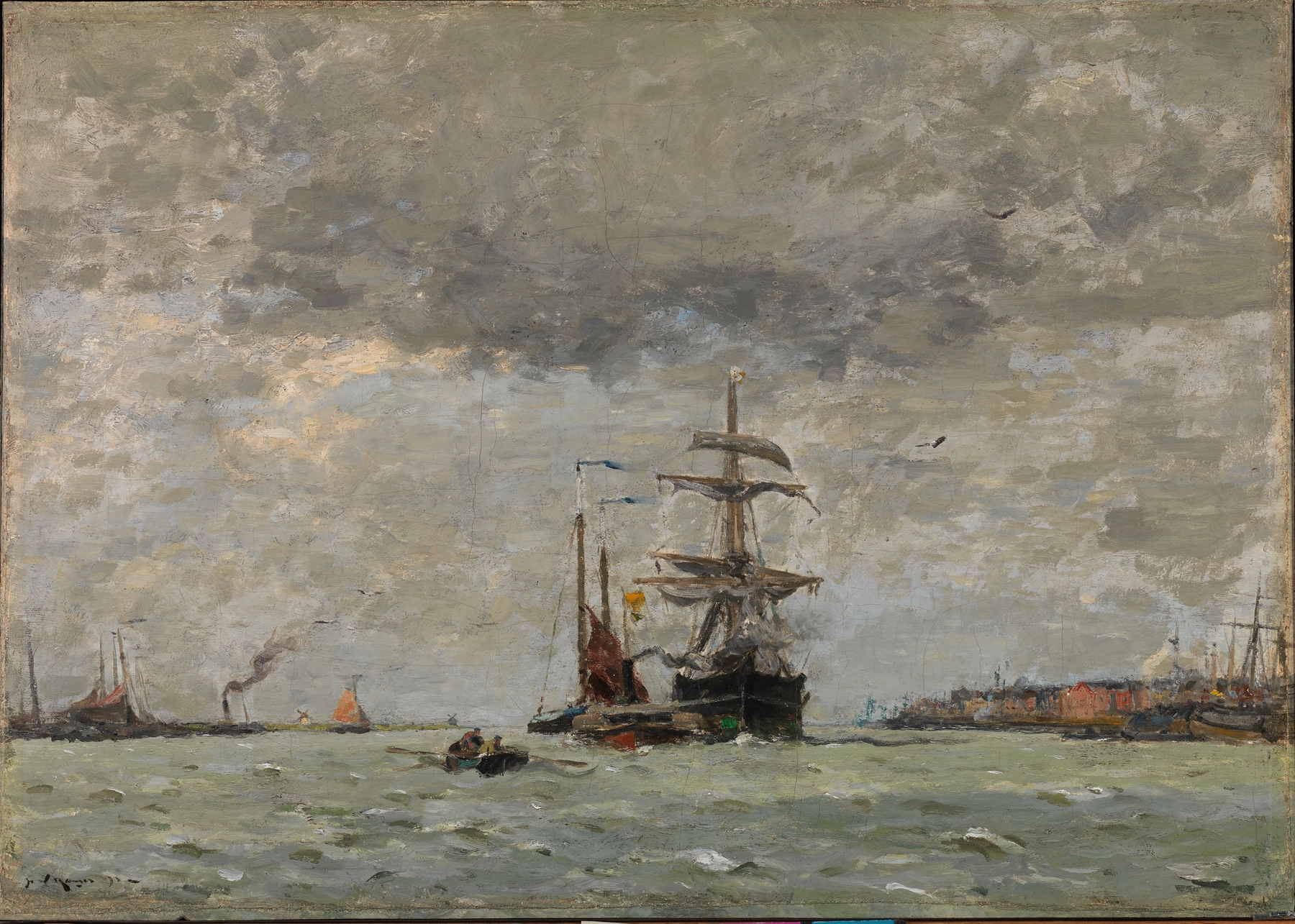 Entrance To The Harbor by Henry Ward Ranger, oil on canvas depicting boats and a coastline.