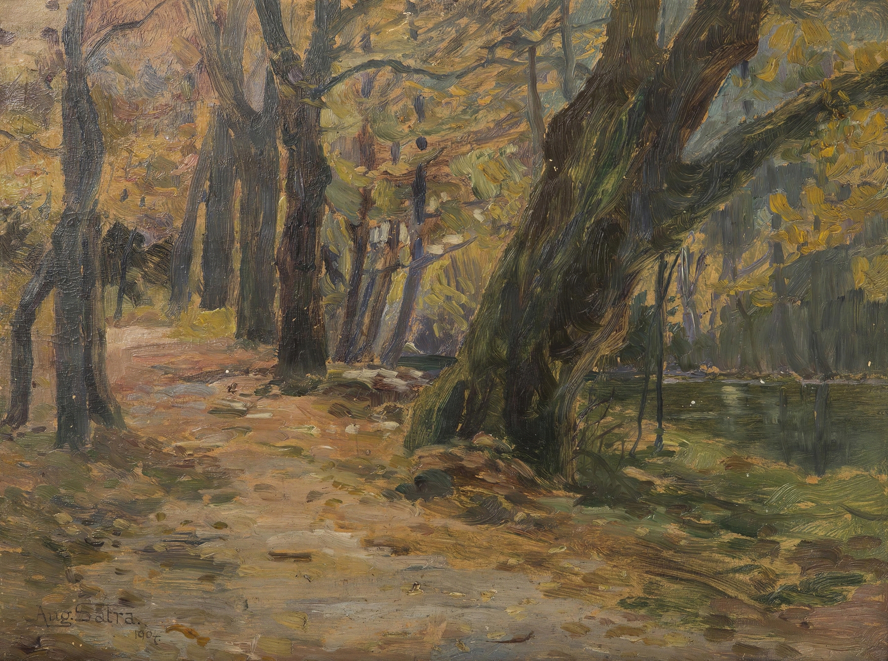 Figurative scene depicting a couple in a park, oil painting by Augustin Satra