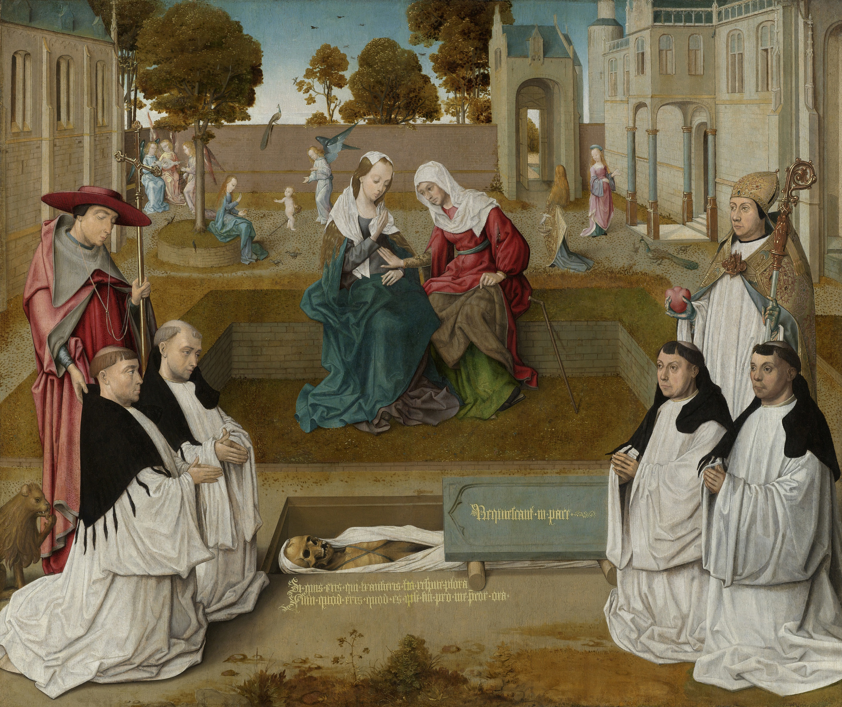 Memorial tablet oil painting by Master of the Spes Nostra depicting a tomb with canons