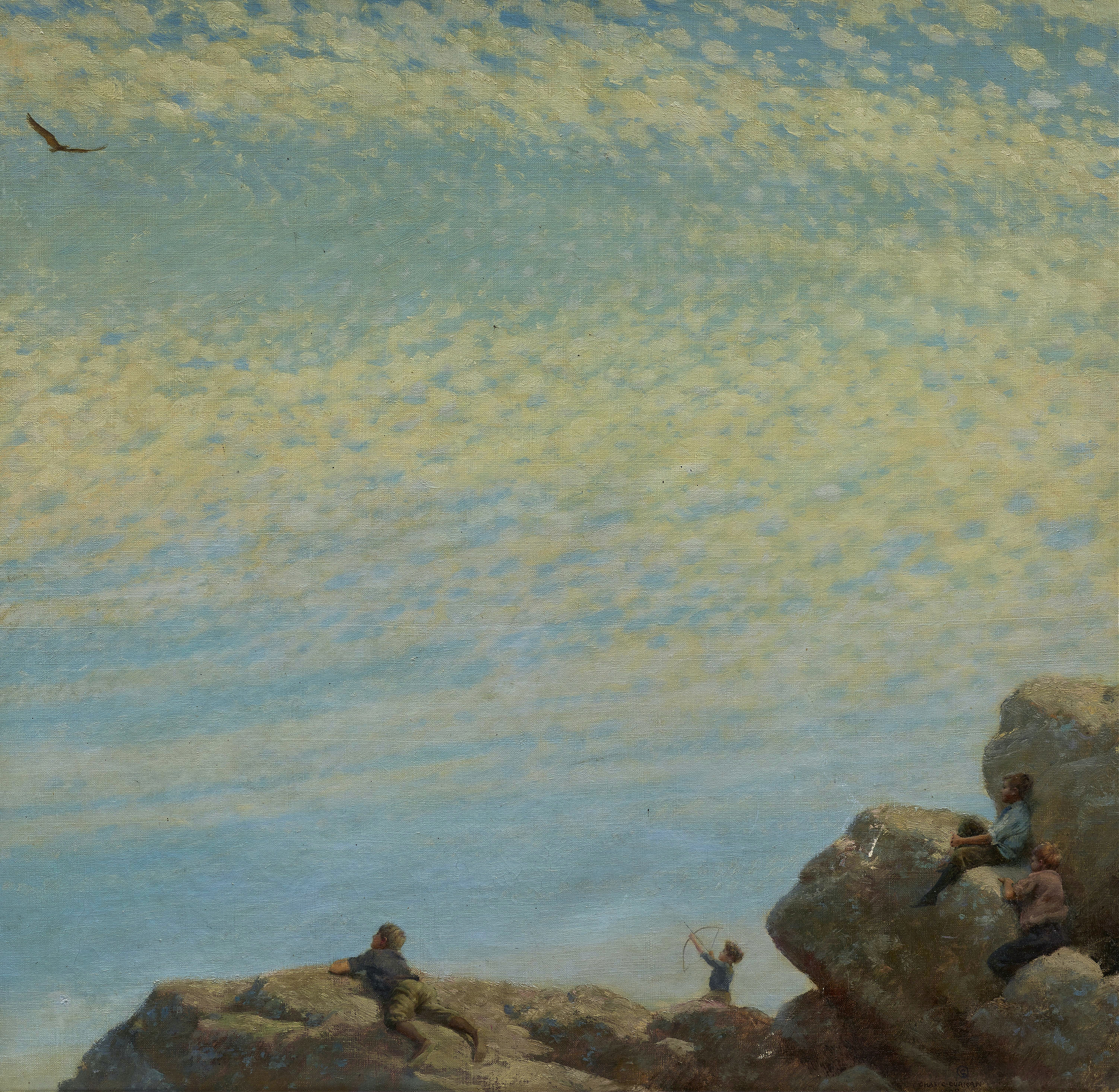Figurative oil painting by Charles Courtney Curran featuring a young woman on a sunlit precipice.