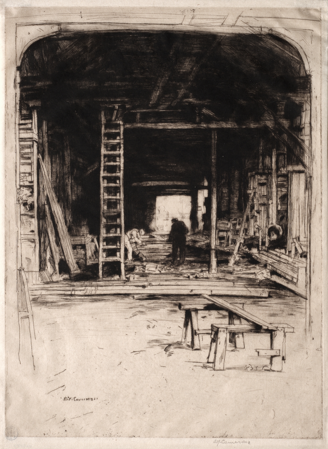 Interior scene of Robert Lee’s Workshop, etching by David Young Cameron
