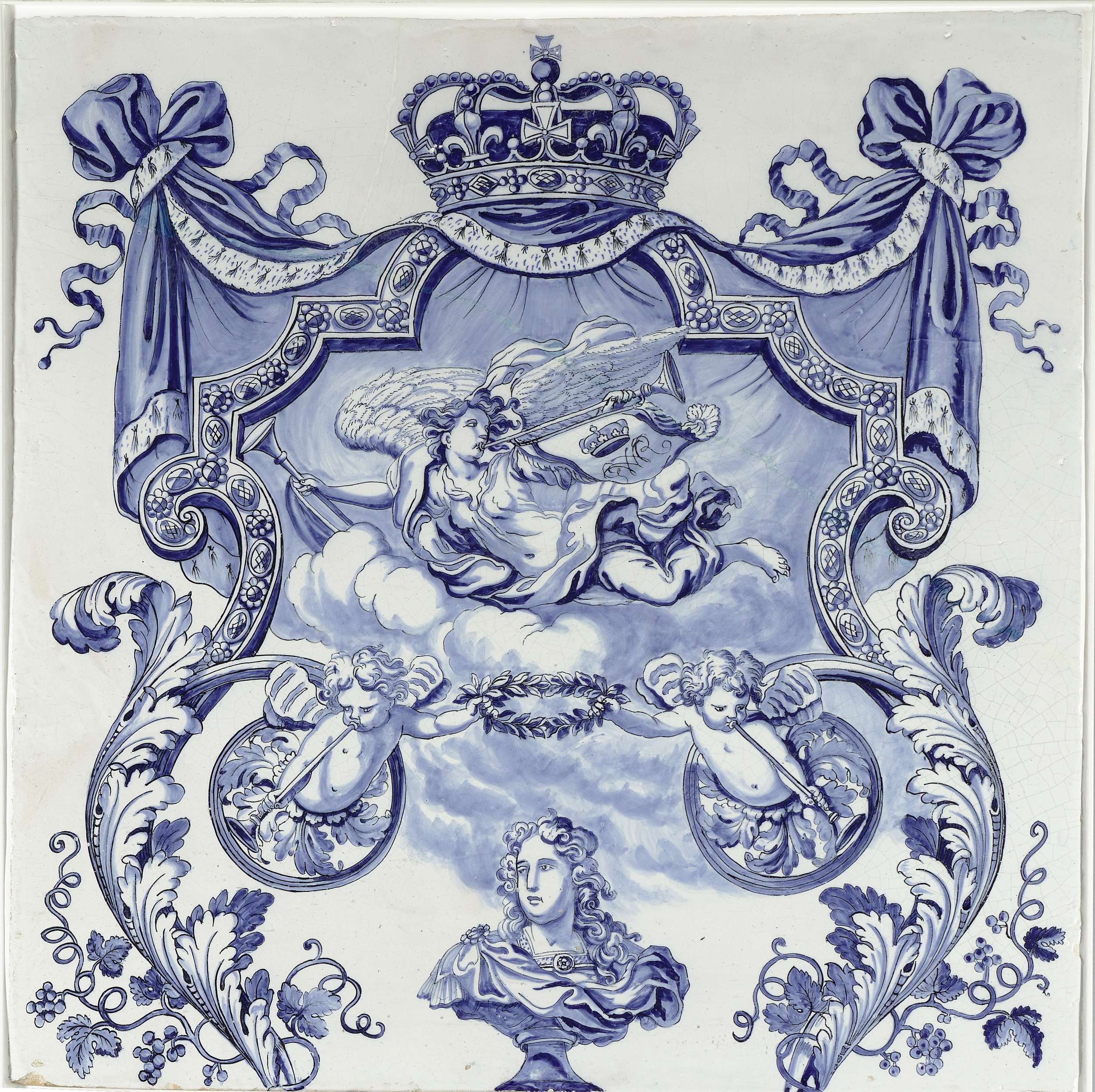 Ceramic plaques from a column by De Grieksche A, featuring floral motifs.