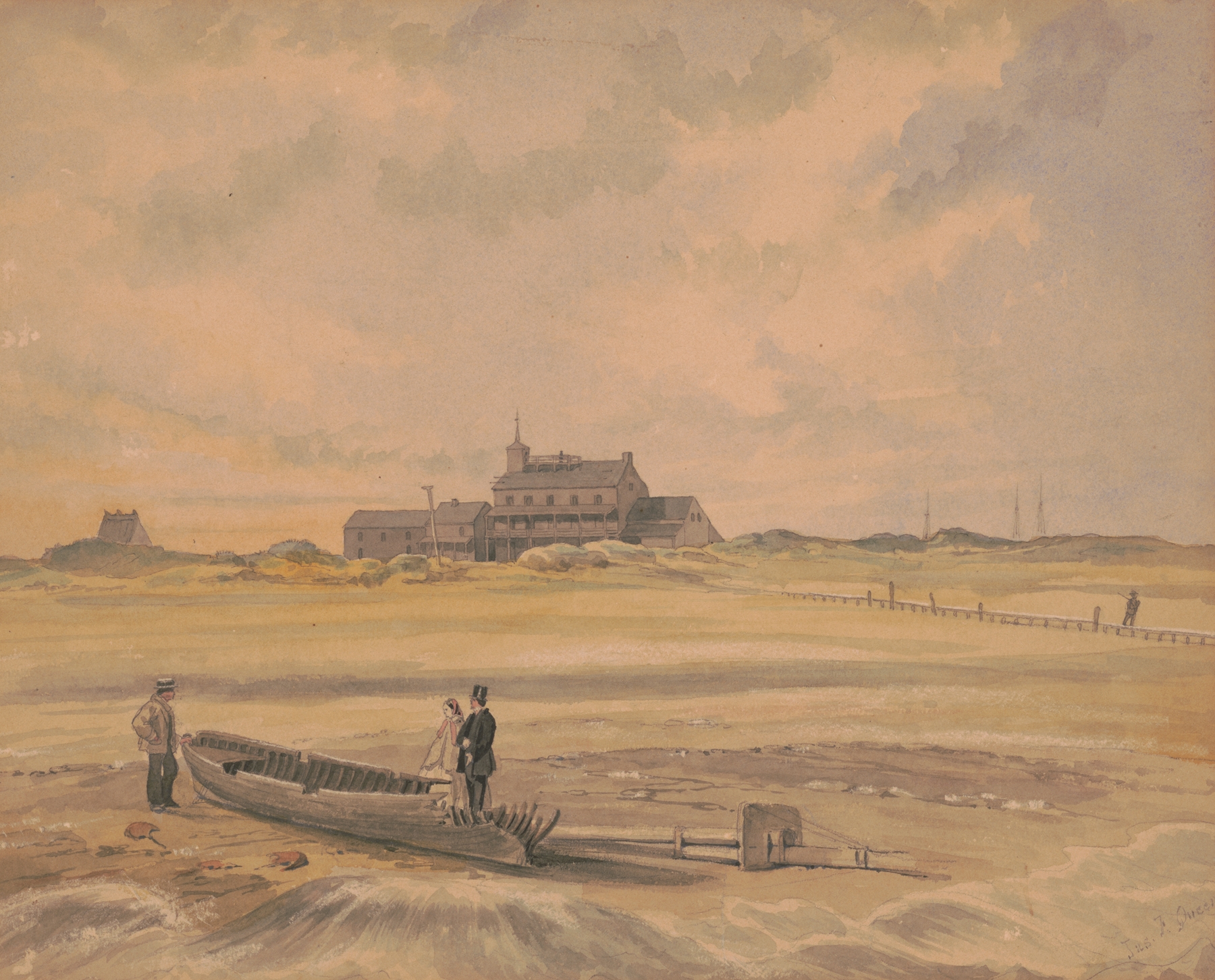 Holtzken Hotel, Brigantine Beach by James Fuller Queen, oil on canvas, depicting a hotel by the beach.
