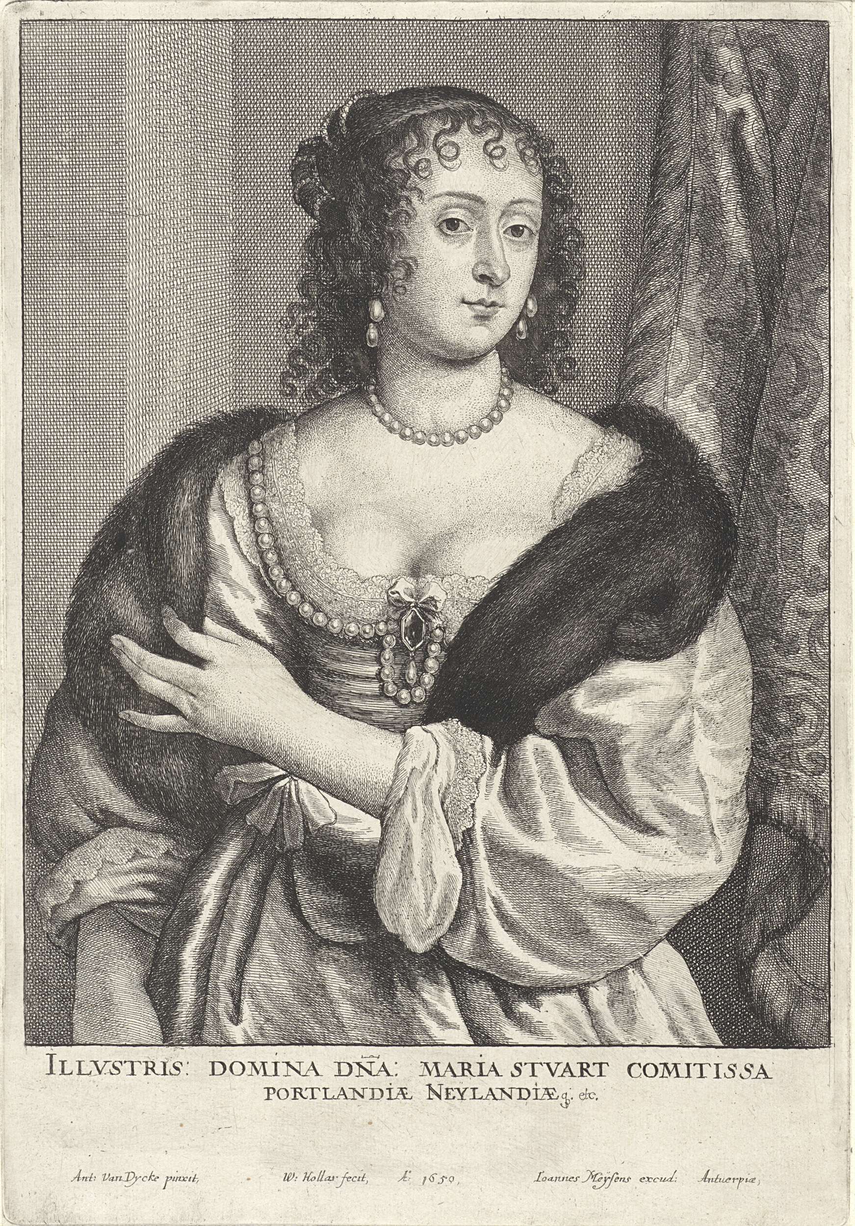 Etching by Wenceslaus Hollar of a woman with delicate features and an intense gaze.