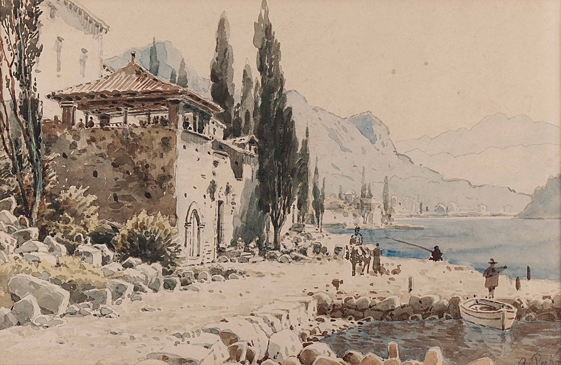 Landscape featuring a bridge over water by Anton Perko, medium unknown.