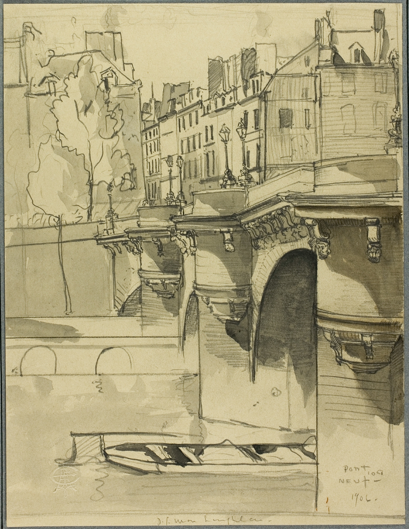 View of the Pont Neuf by Donald Shaw MacLaughlan, oil on canvas showing reflections in the Seine.