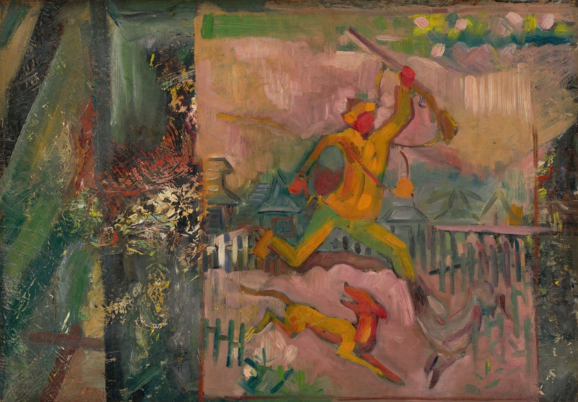 A depiction of a hunter in motion with a rifle.