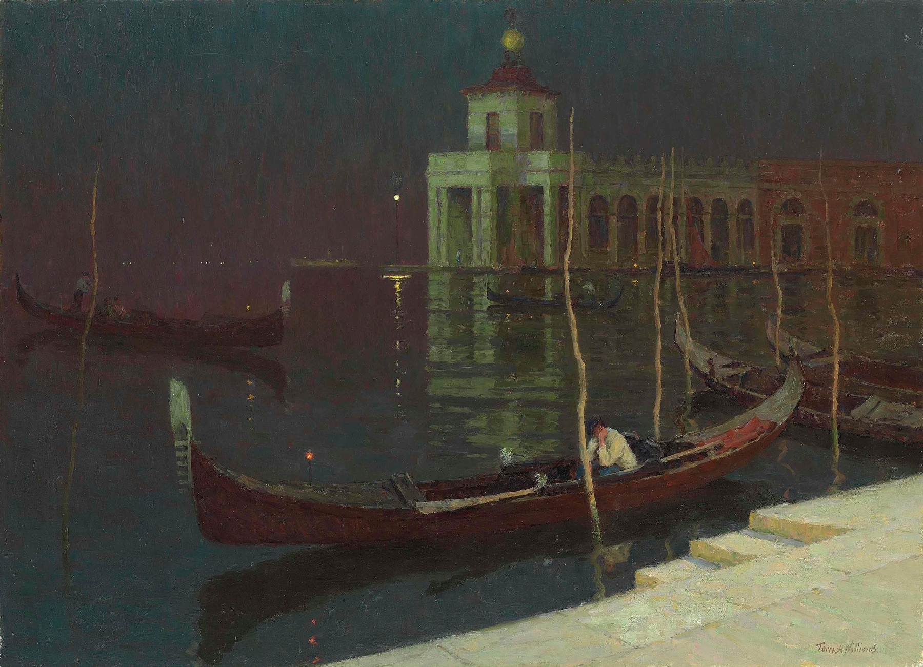 Night, Venice by Terrick Williams, oil on canvas depicting a twilight landscape with water reflections.