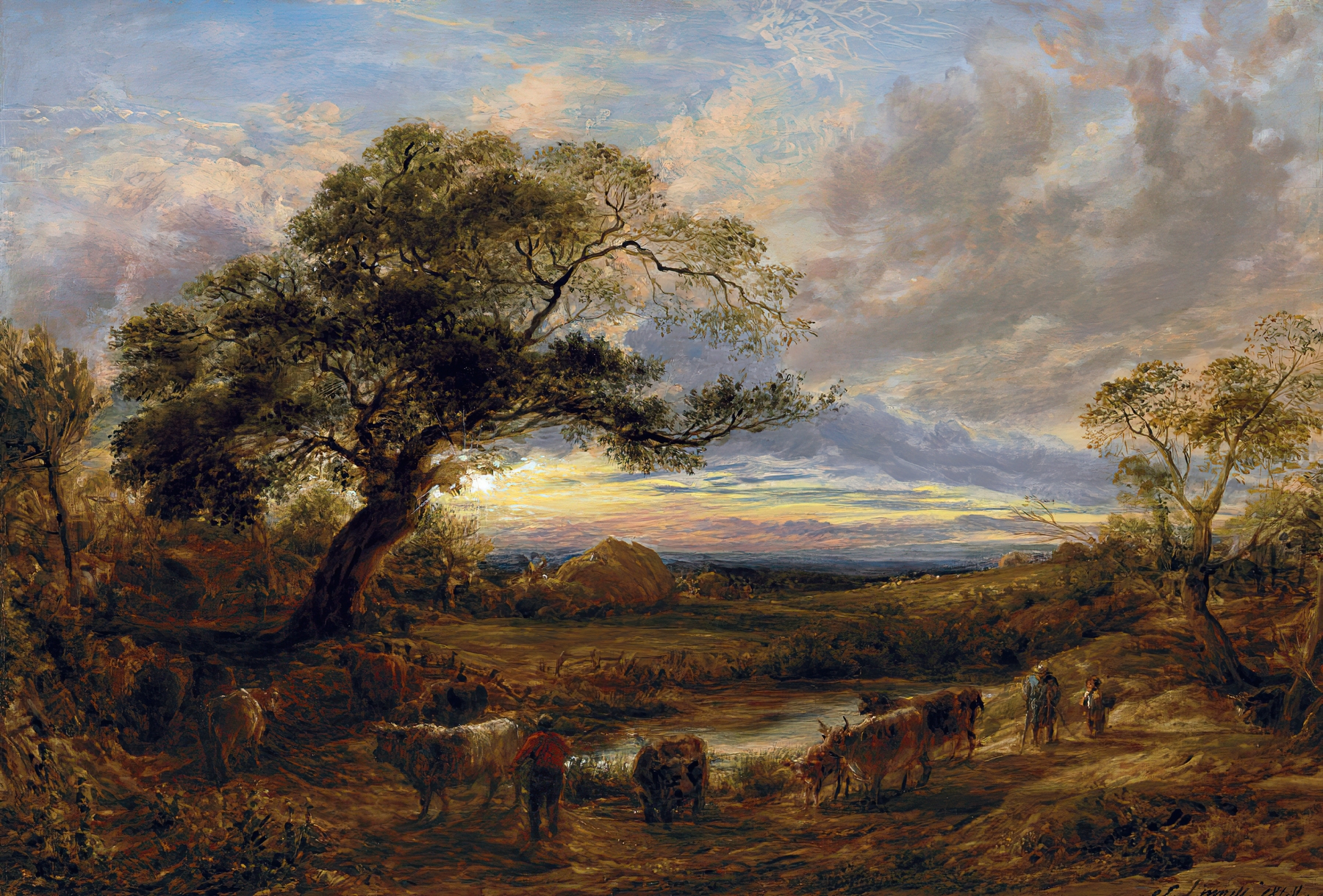 Evening by John Linnell, oil on canvas depicting a twilight landscape with hills and golden light