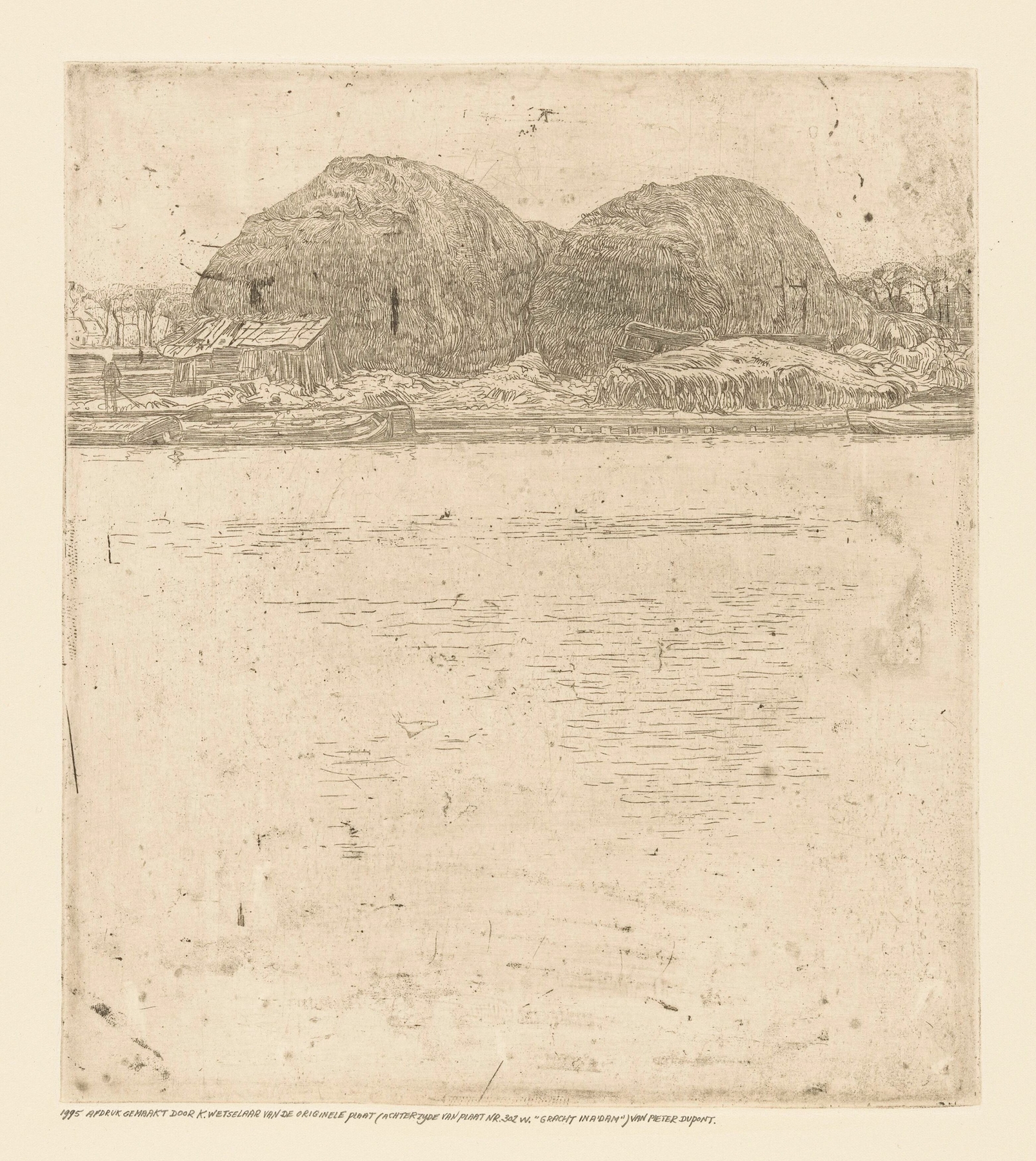 Landscape with two haystacks at dusk by Pieter Dupont, realism