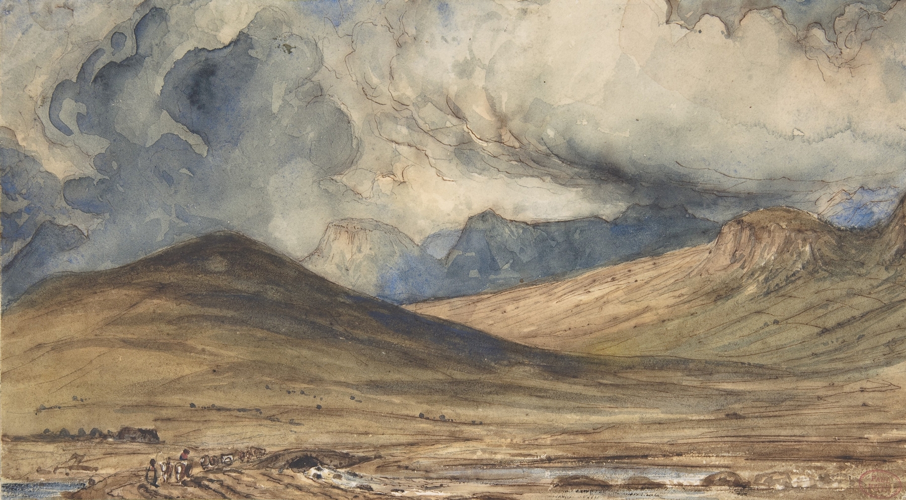 Landscape oil painting by Paul Huet featuring mountains and horizon