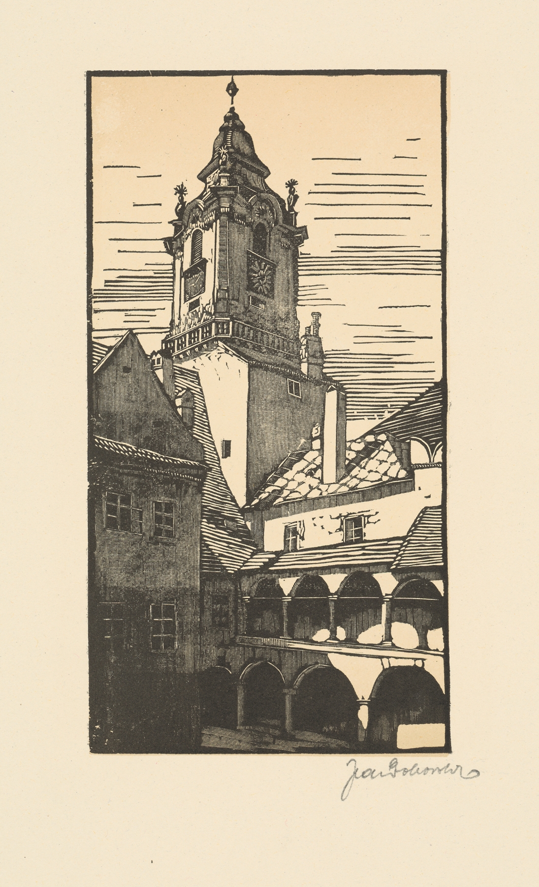 Dvor Starej radnice by Jaroslav Dobrovolský, oil on canvas depicting crumbling arches and cobblestones.
