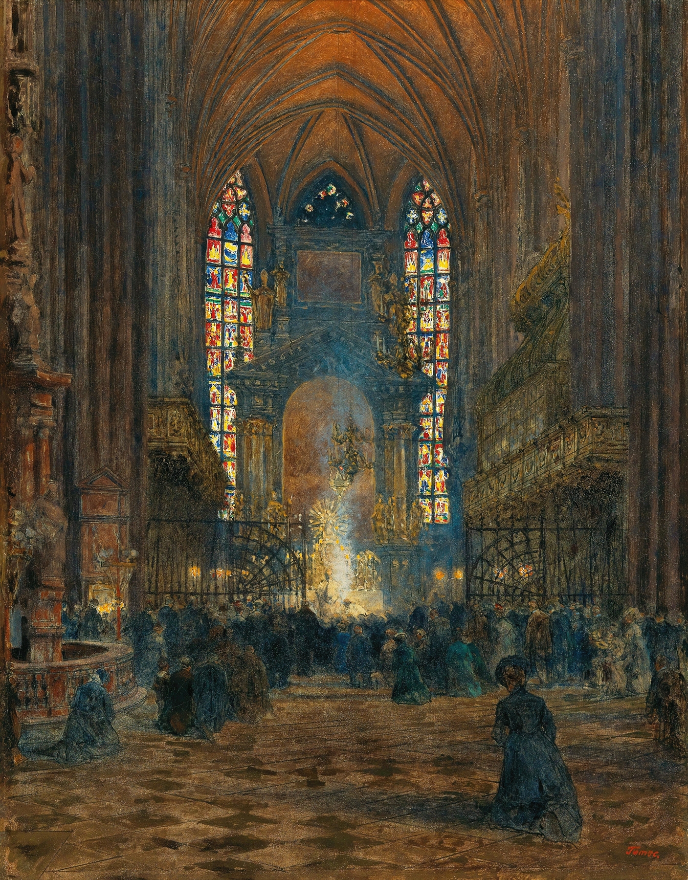 Religious scene depicting a congregation at Mass at St. Stephen’s Cathedral by Jindřich Tomec